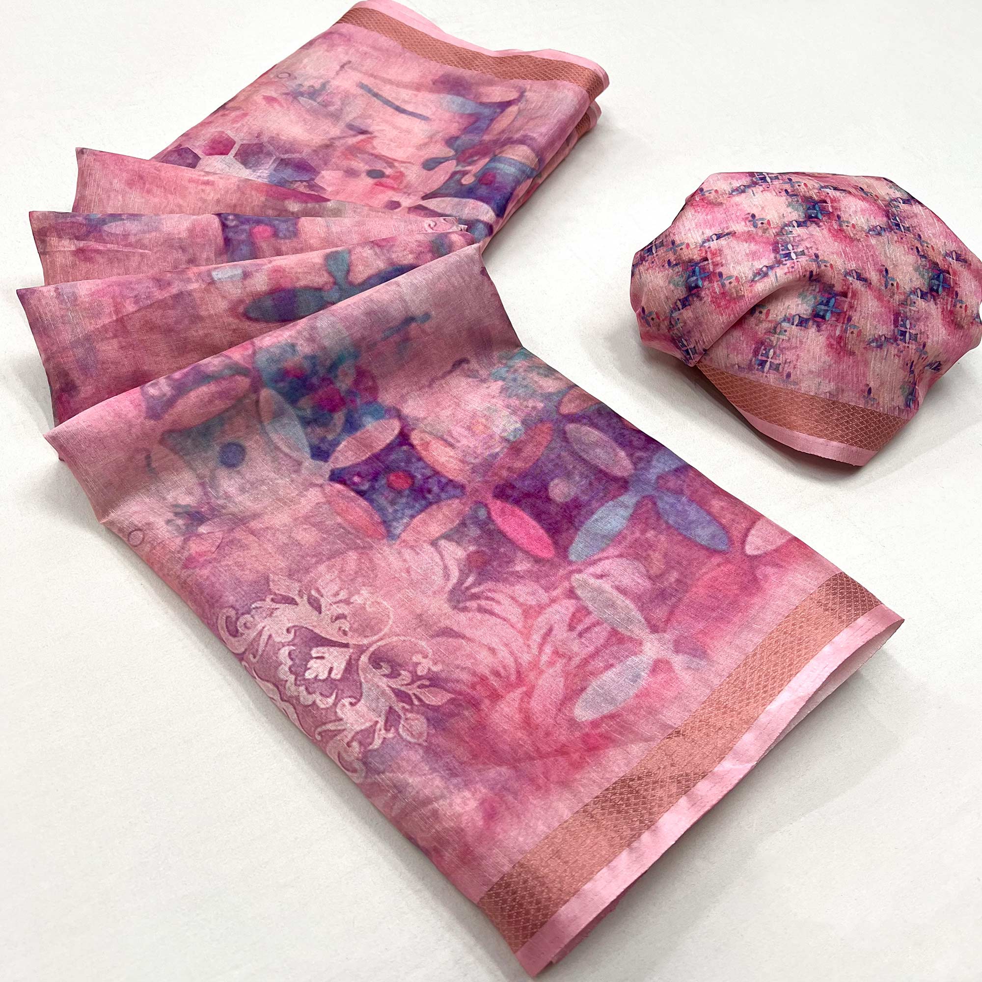 Pink Digital Printed Cotton Blend Saree With Jacquard Border
