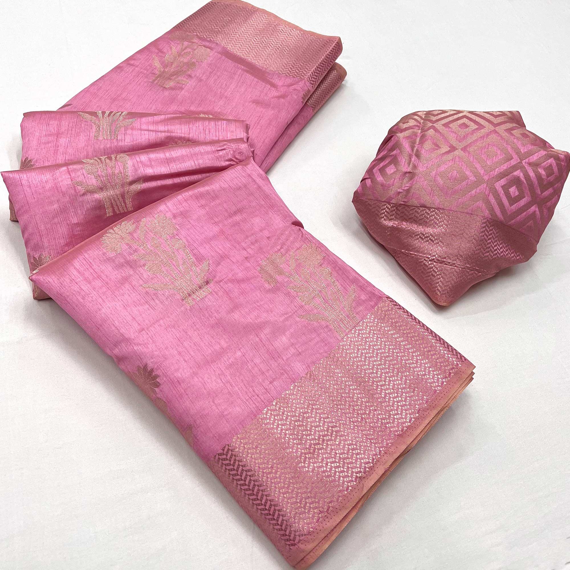 Pink Floral Woven Raw Silk Saree