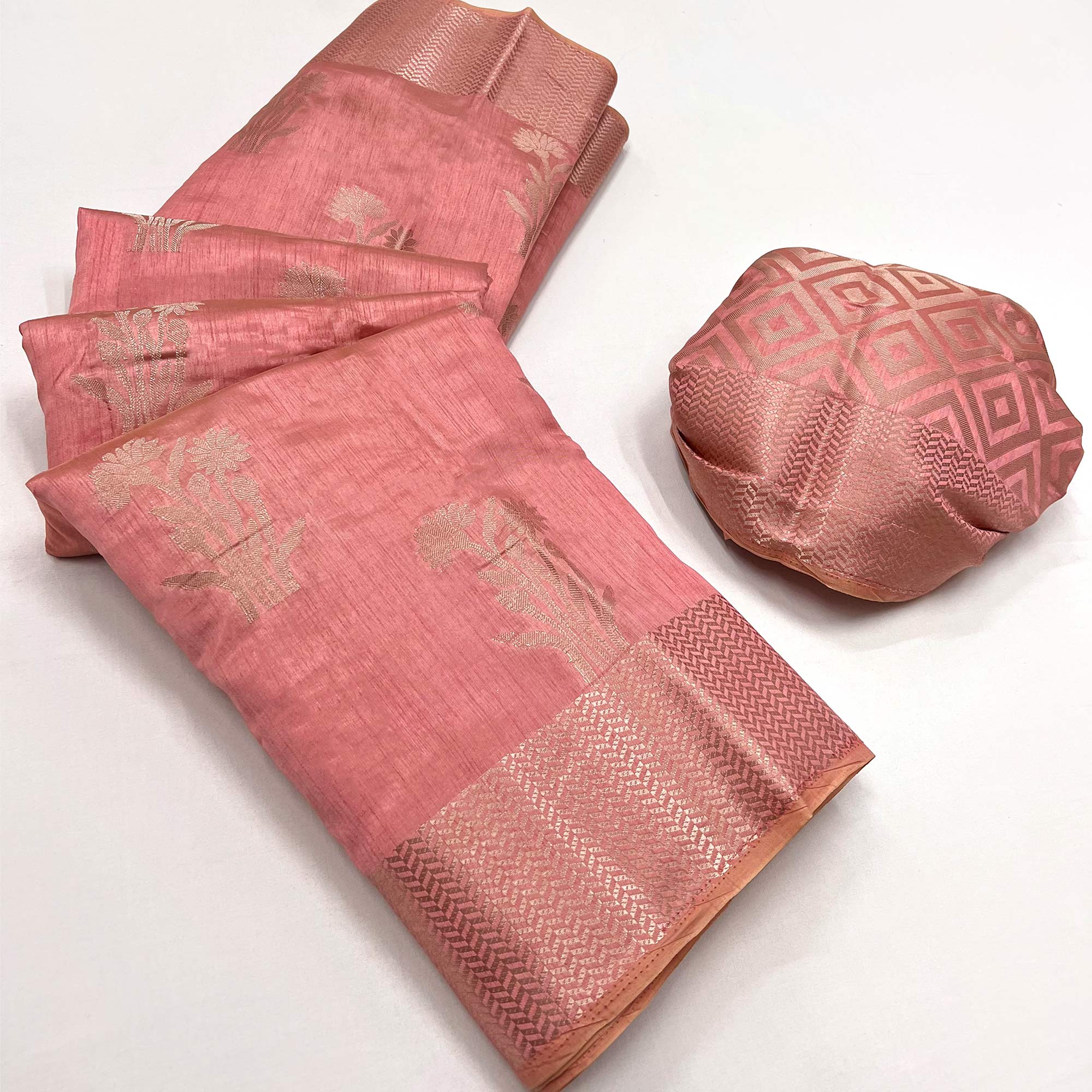 Peach Floral Woven Raw Silk Saree