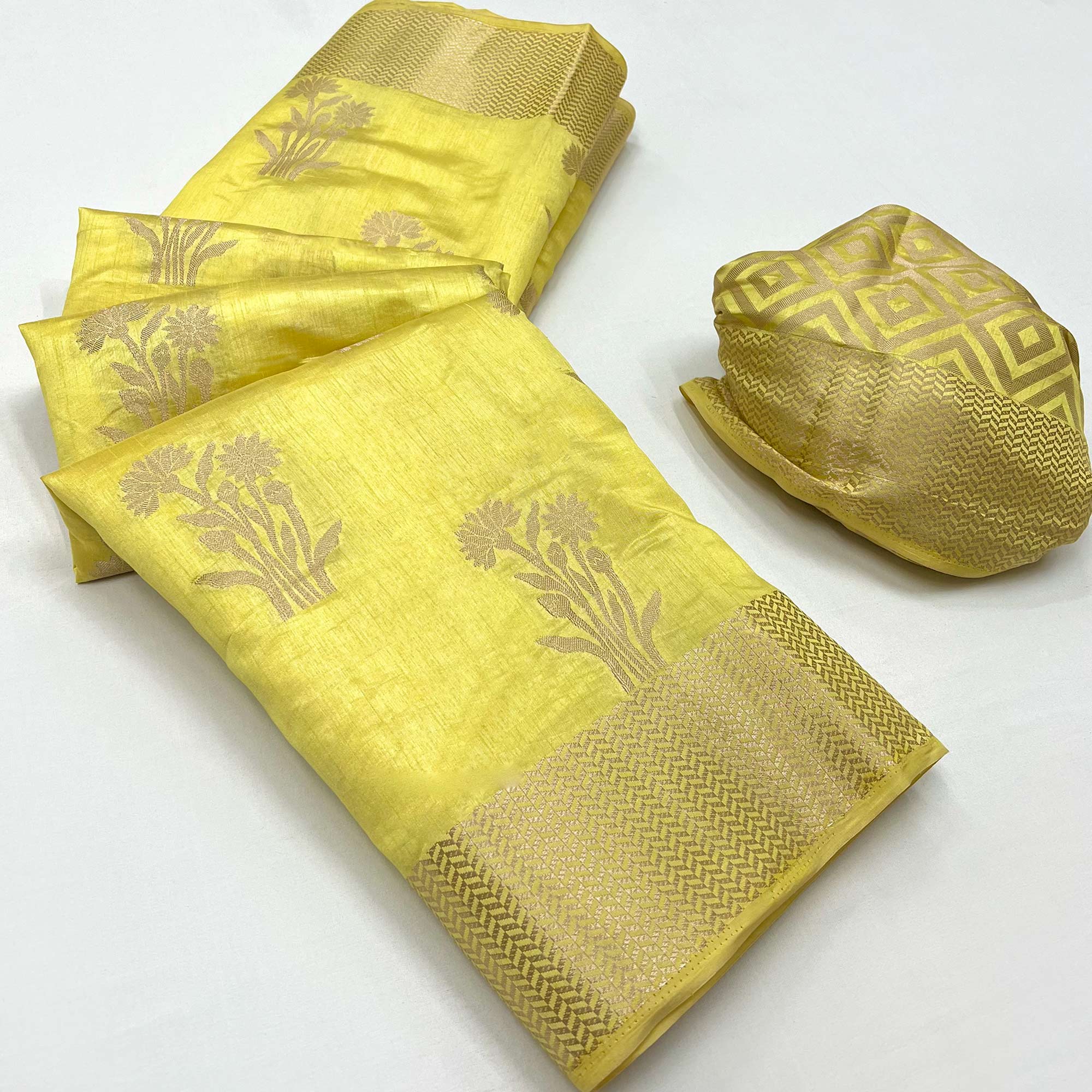 Yellow Floral Woven Raw Silk Saree