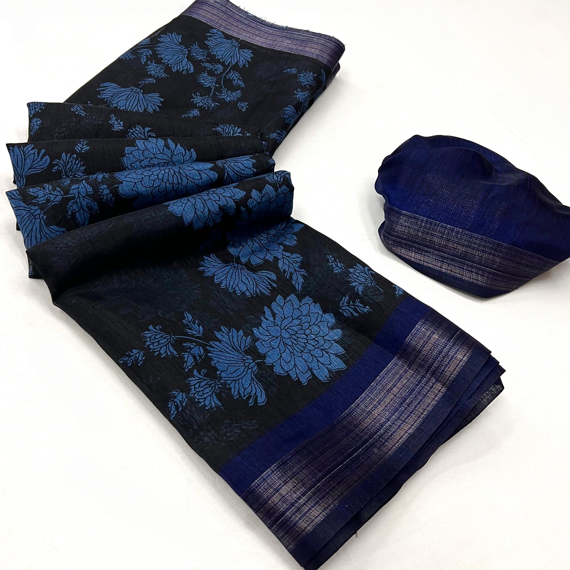 Black & Blue Floral Printed Dola Silk Saree With Woven Border