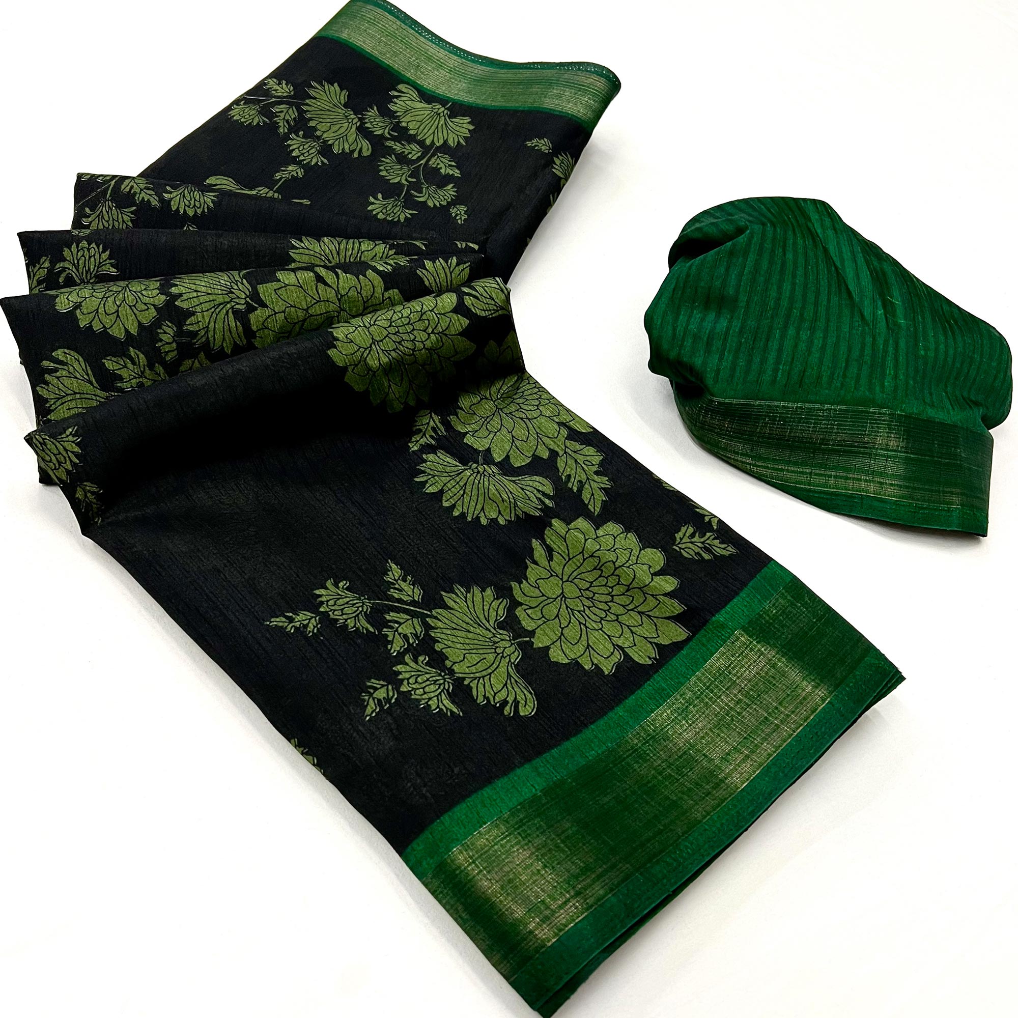 Black & Green Floral Printed Dola Silk Saree With Woven Border