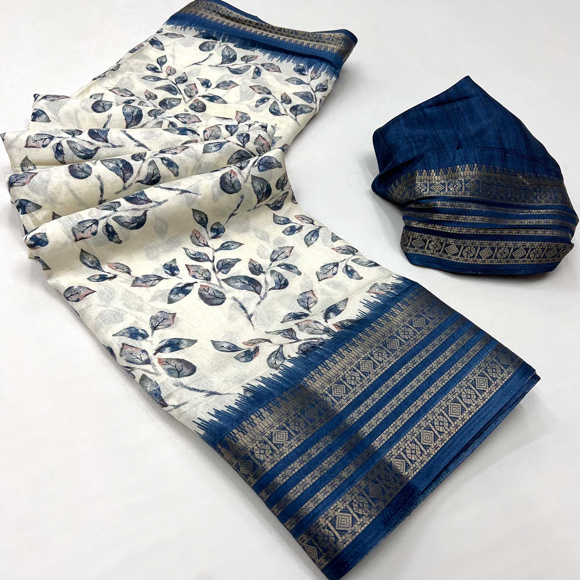 White & Blue Floral Printed Dola Silk Saree With Woven Border