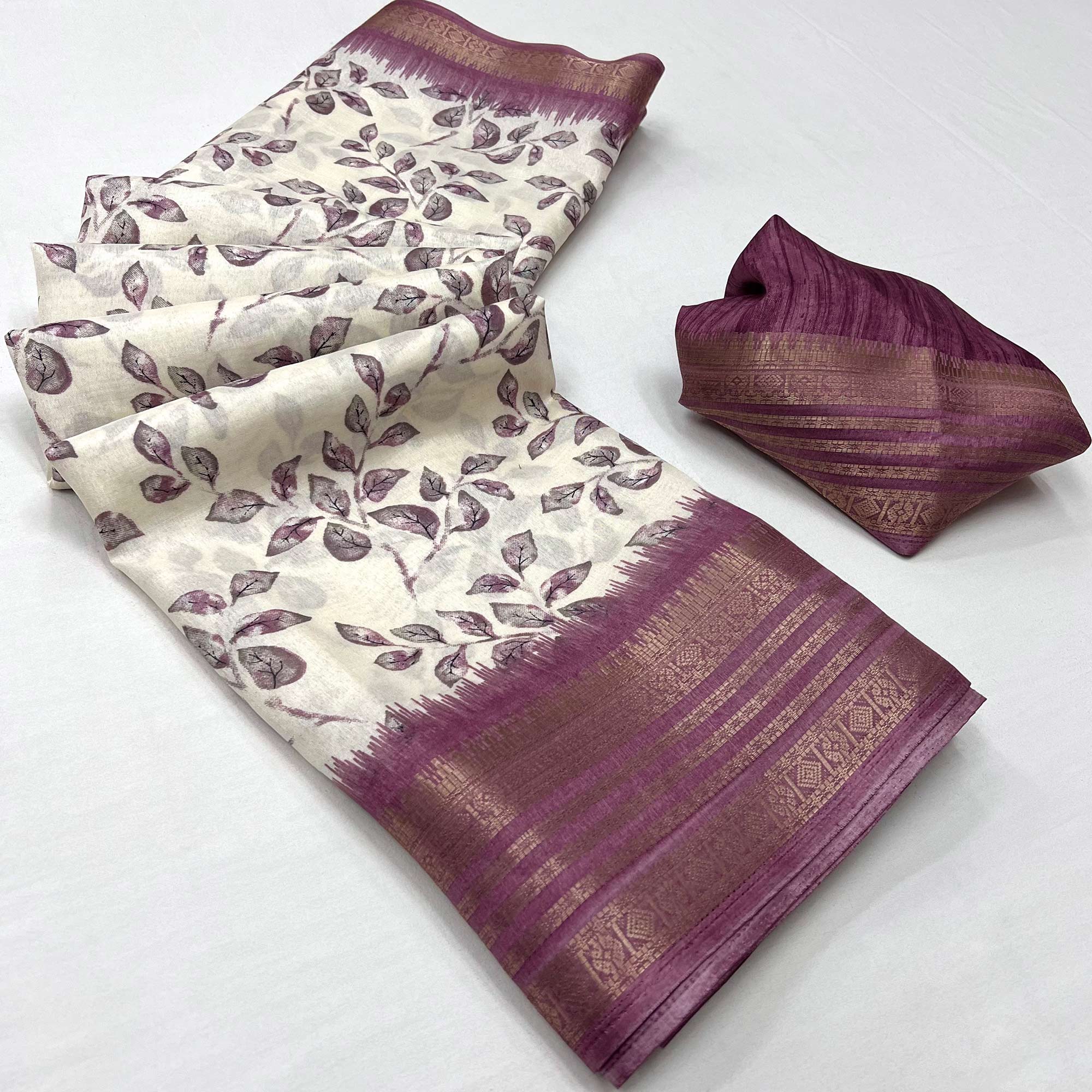White & Mauve Floral Printed Dola Silk Saree With Woven Border