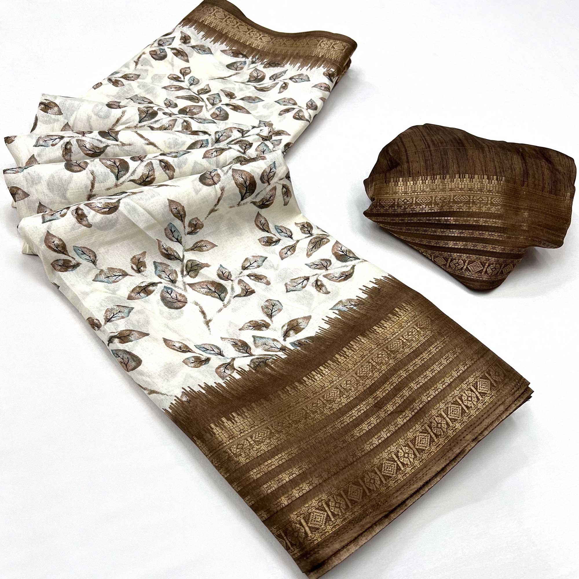 White & Brown Floral Printed Dola Silk Saree With Woven Border