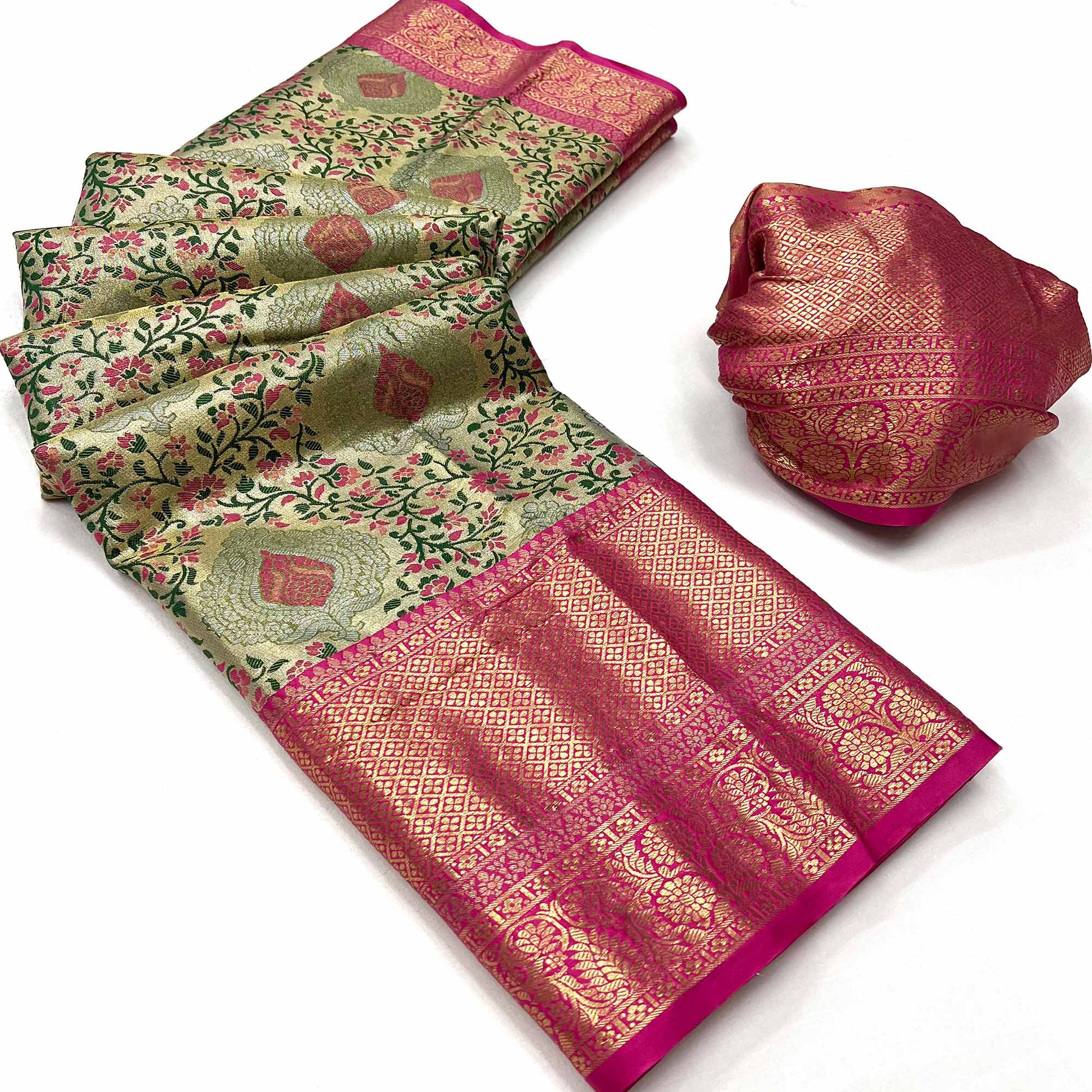 Green & Pink Floral Woven Kanjivaram Silk Saree
