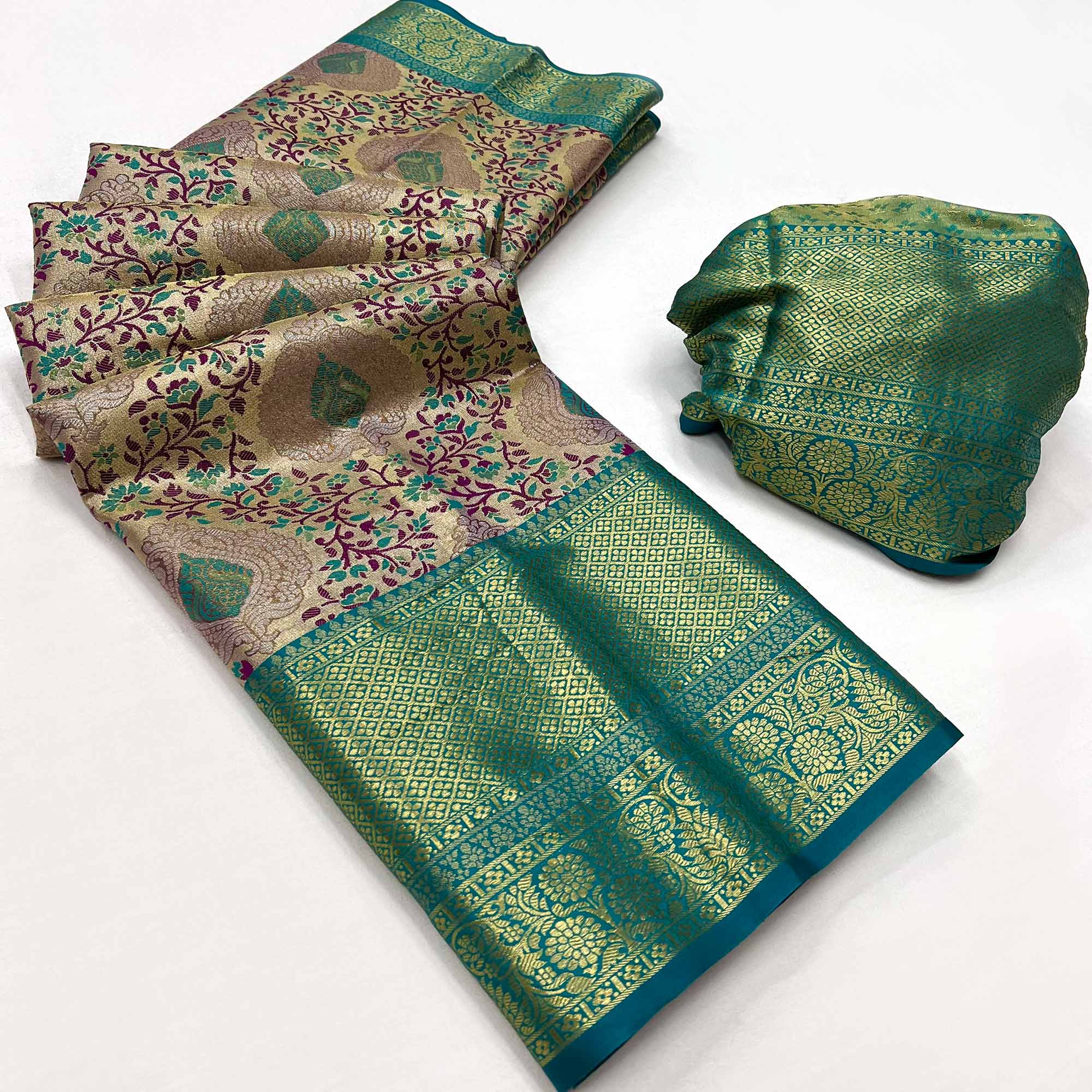 Wine & Green Floral Woven Kanjivaram Silk Saree