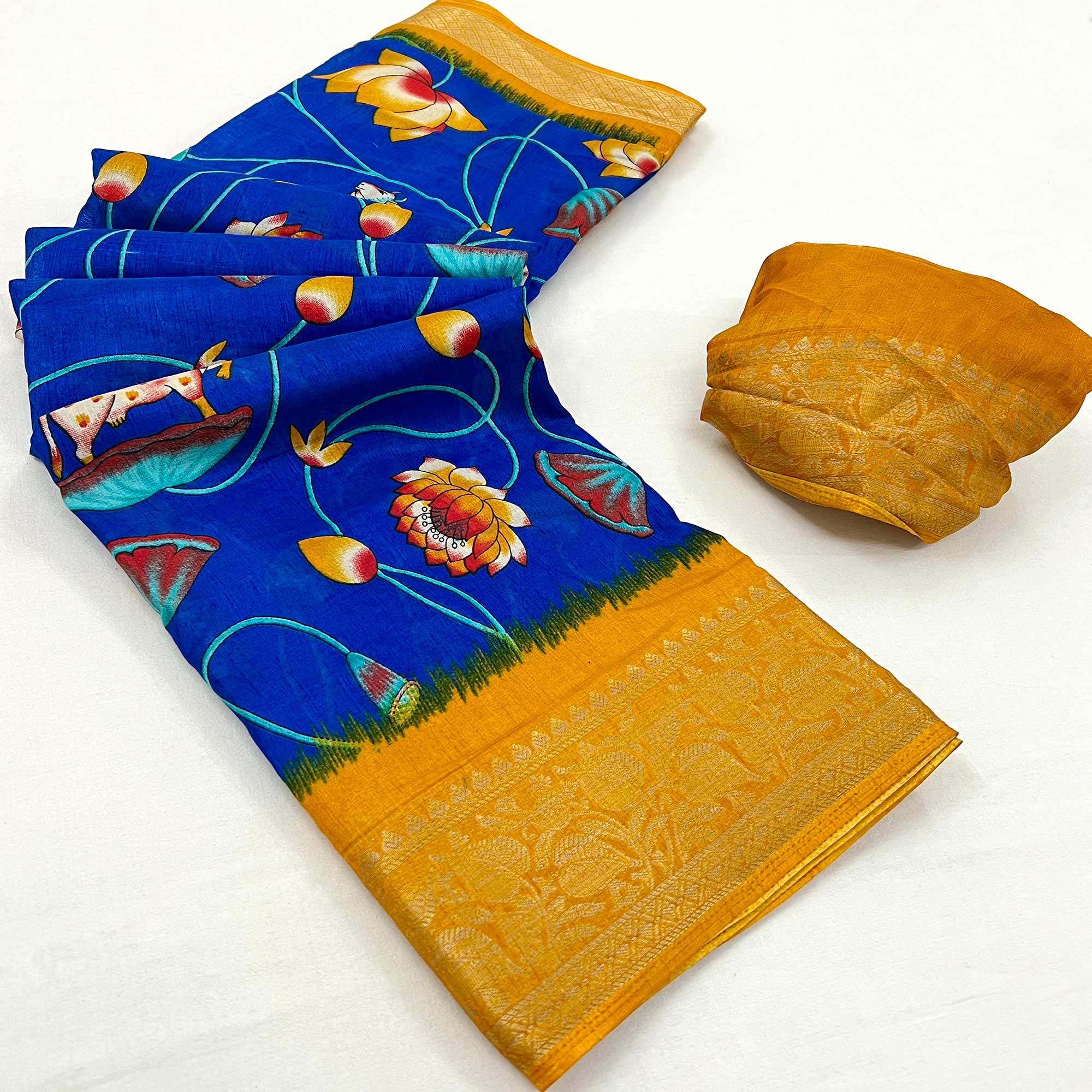 Blue Floral Printed Dola Silk Saree