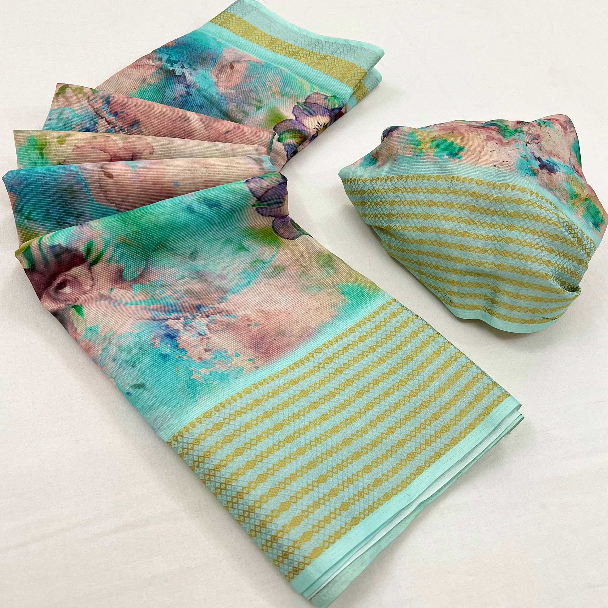 Turquoise Floral Digital Printed Cotton Blend Saree