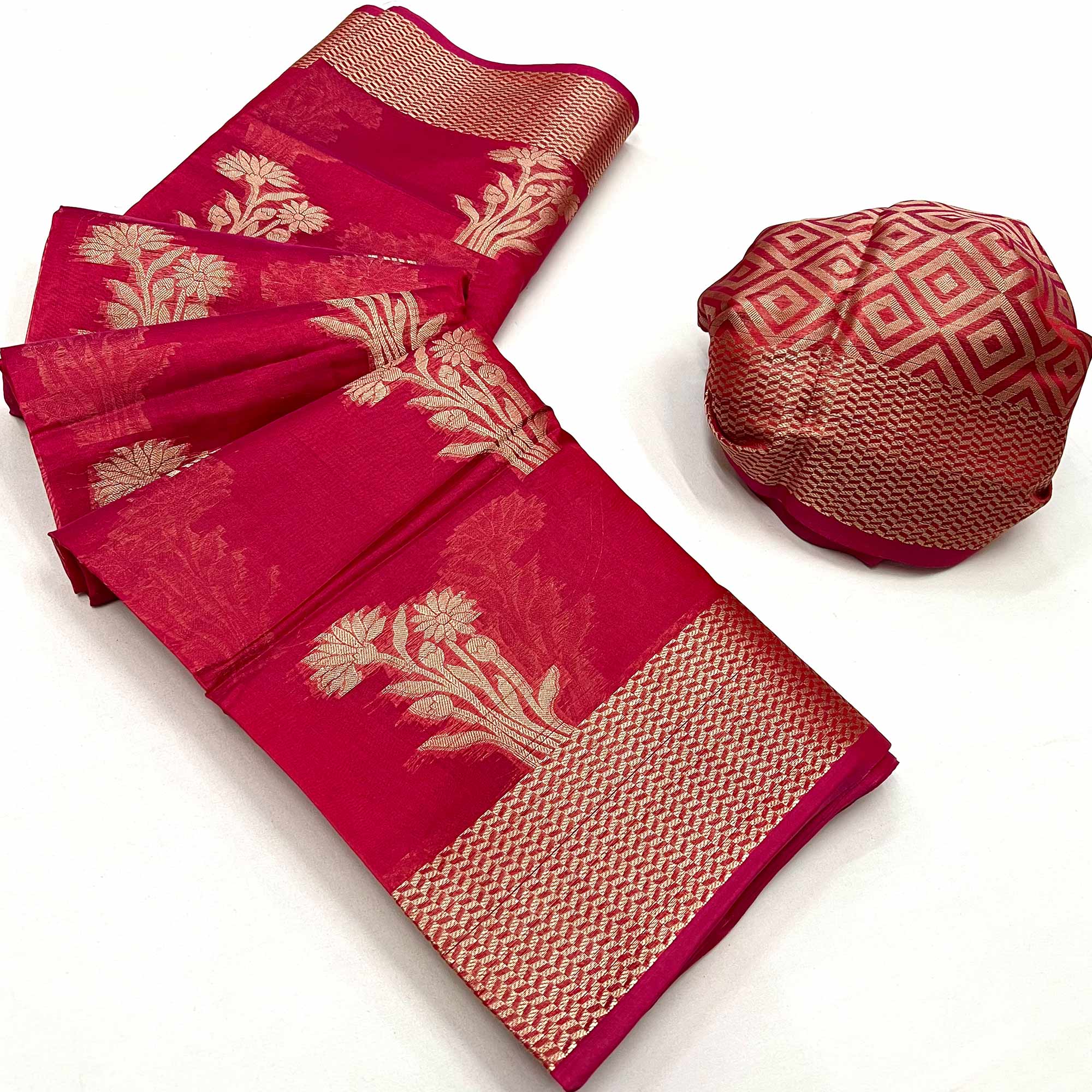 Red Floral Woven Organza Saree