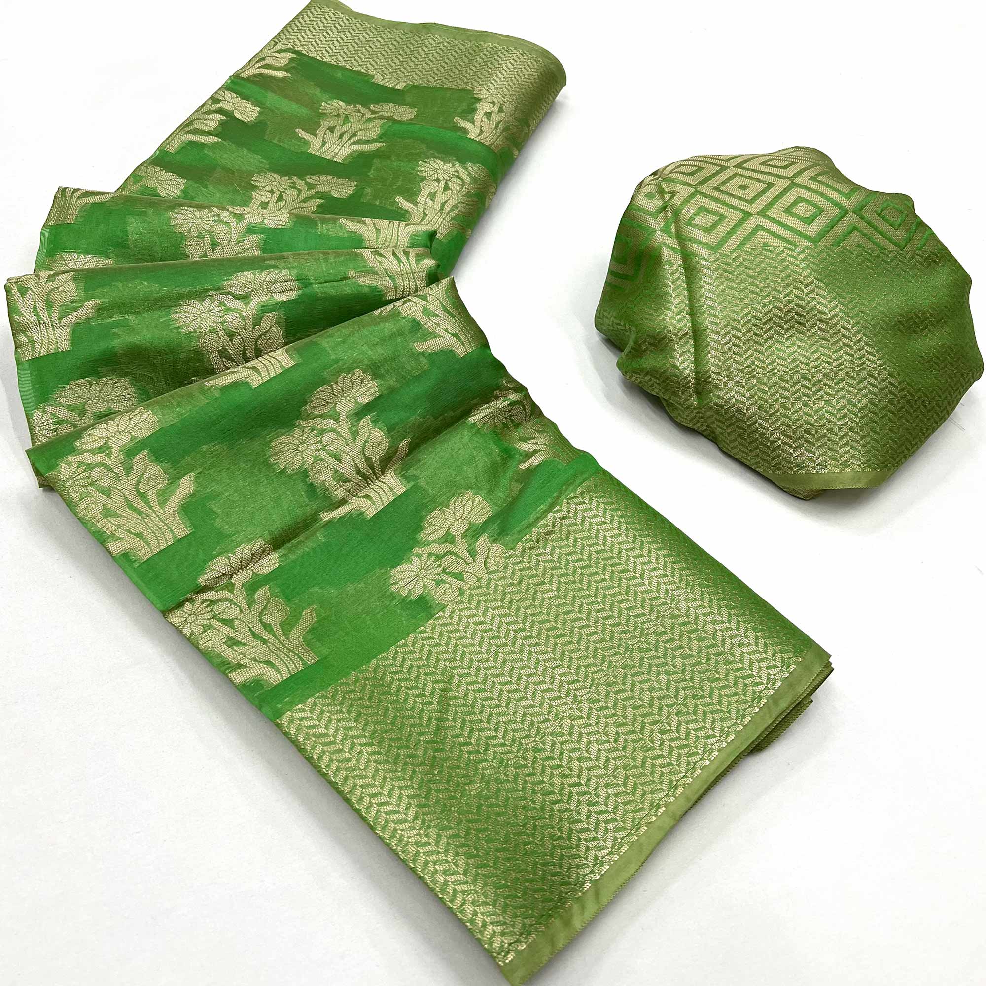 Green Floral Woven Organza Saree