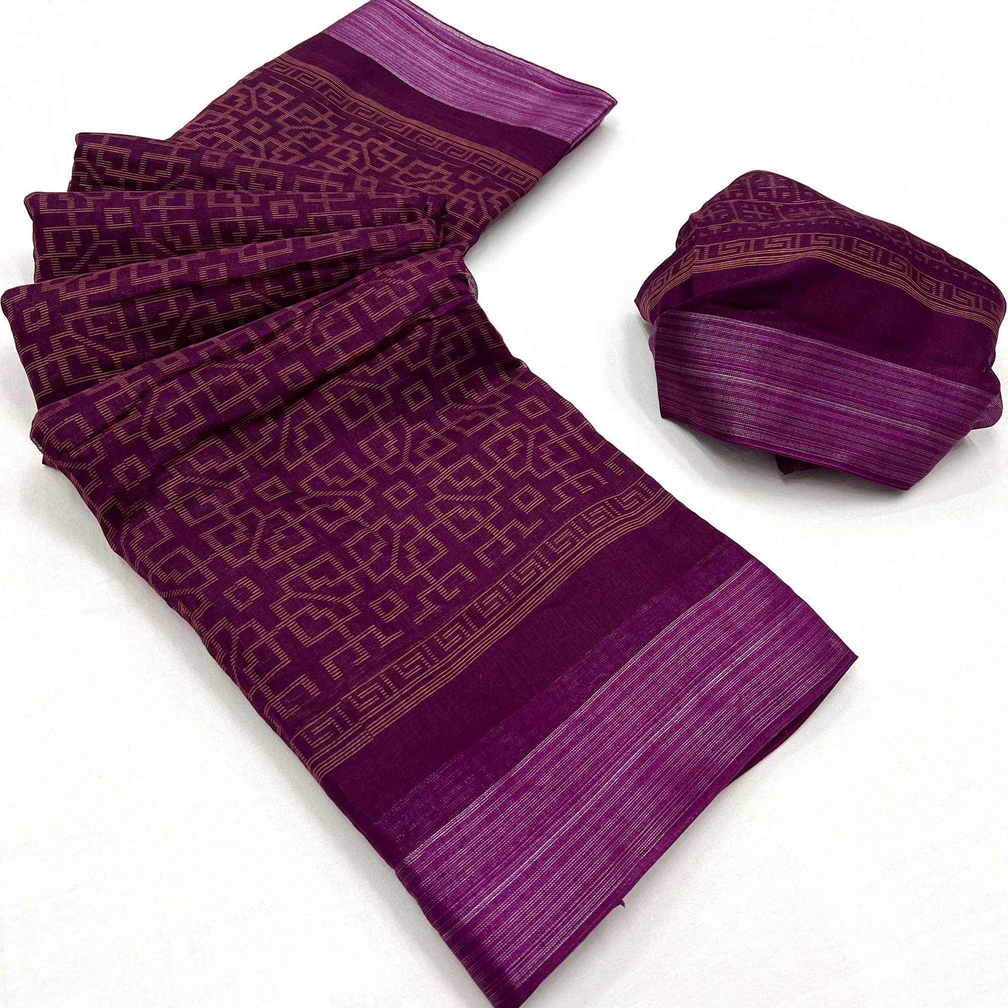 Purple Printed Cotton Blend Saree