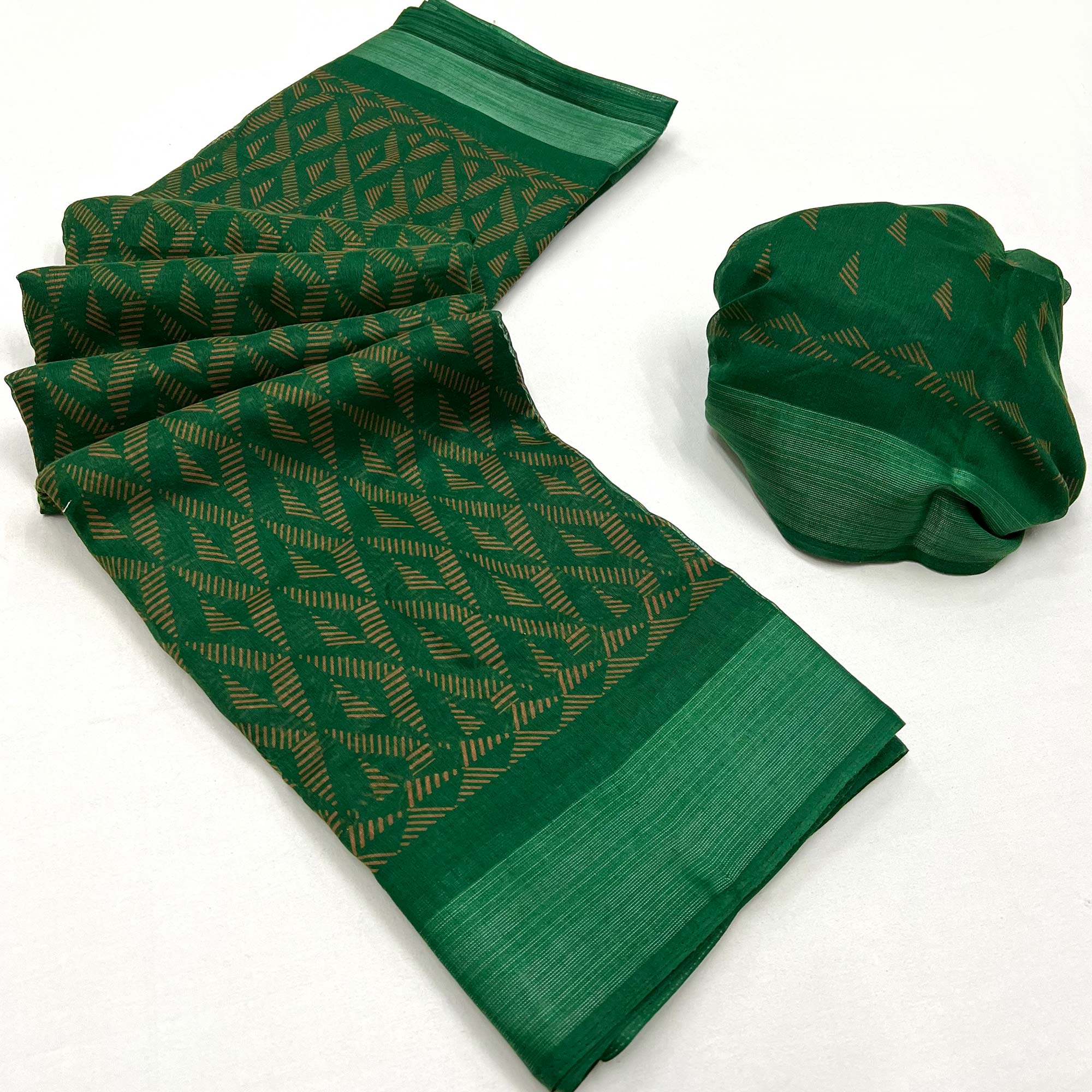 Dark Green Printed Cotton Blend Saree