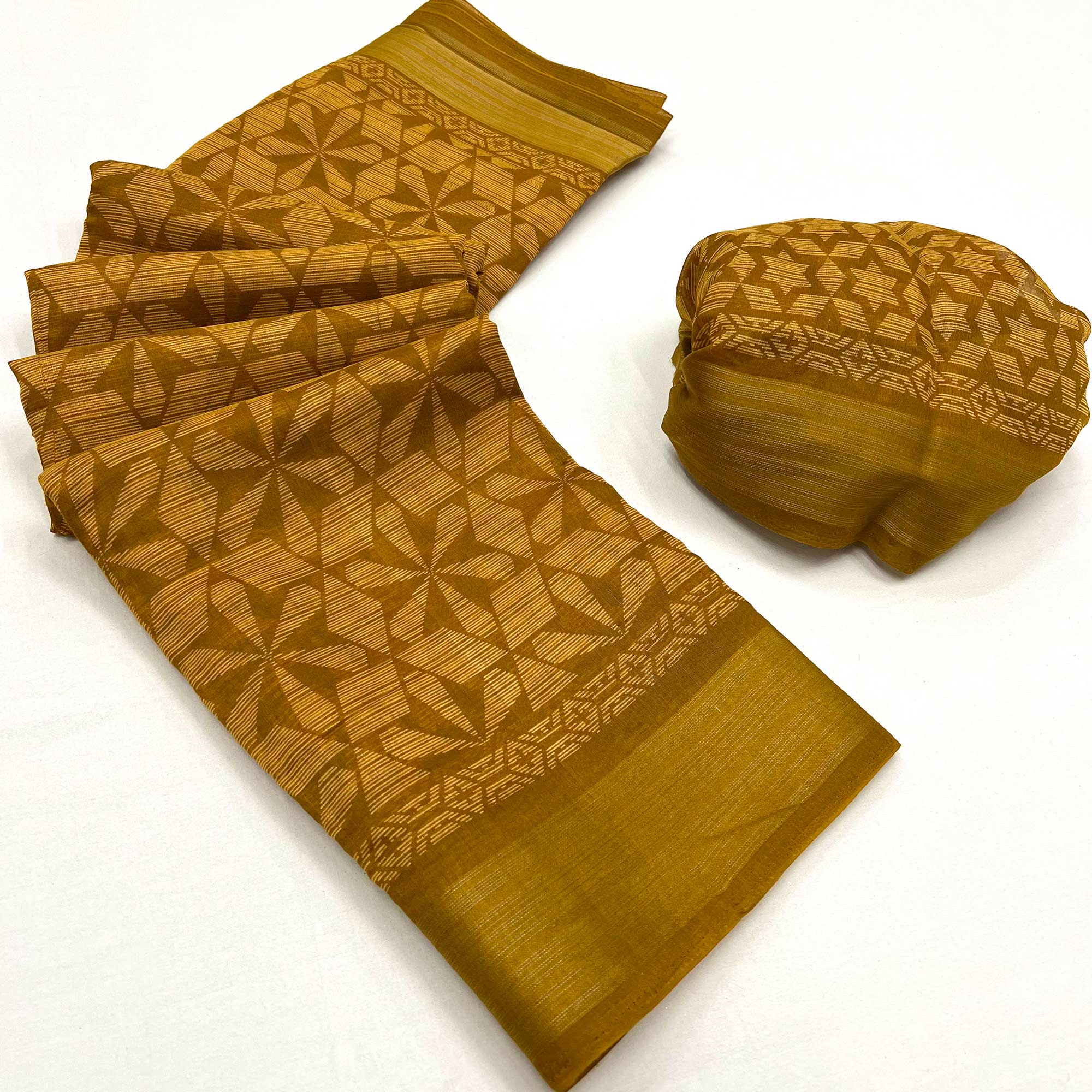 Mustard Printed Cotton Blend Saree