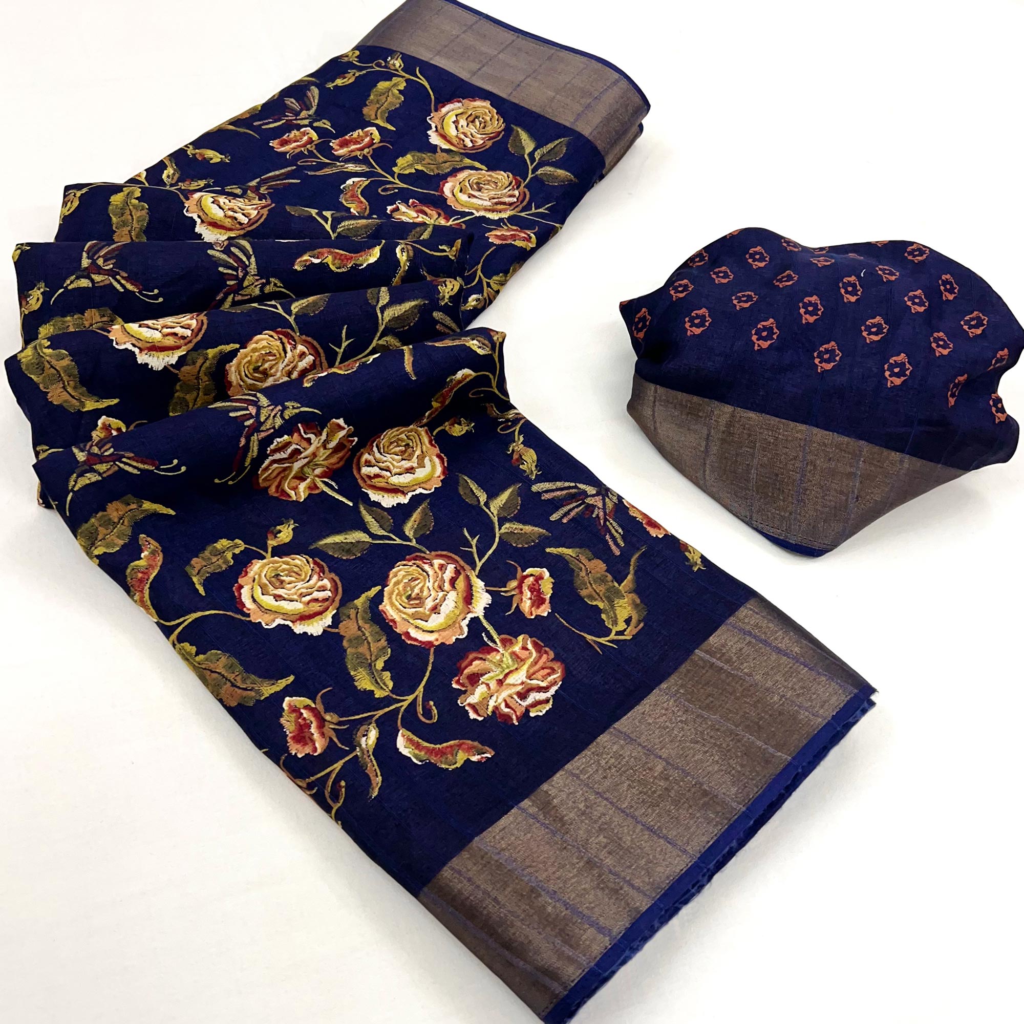 Blue Floral Printed Cotton Blend Saree