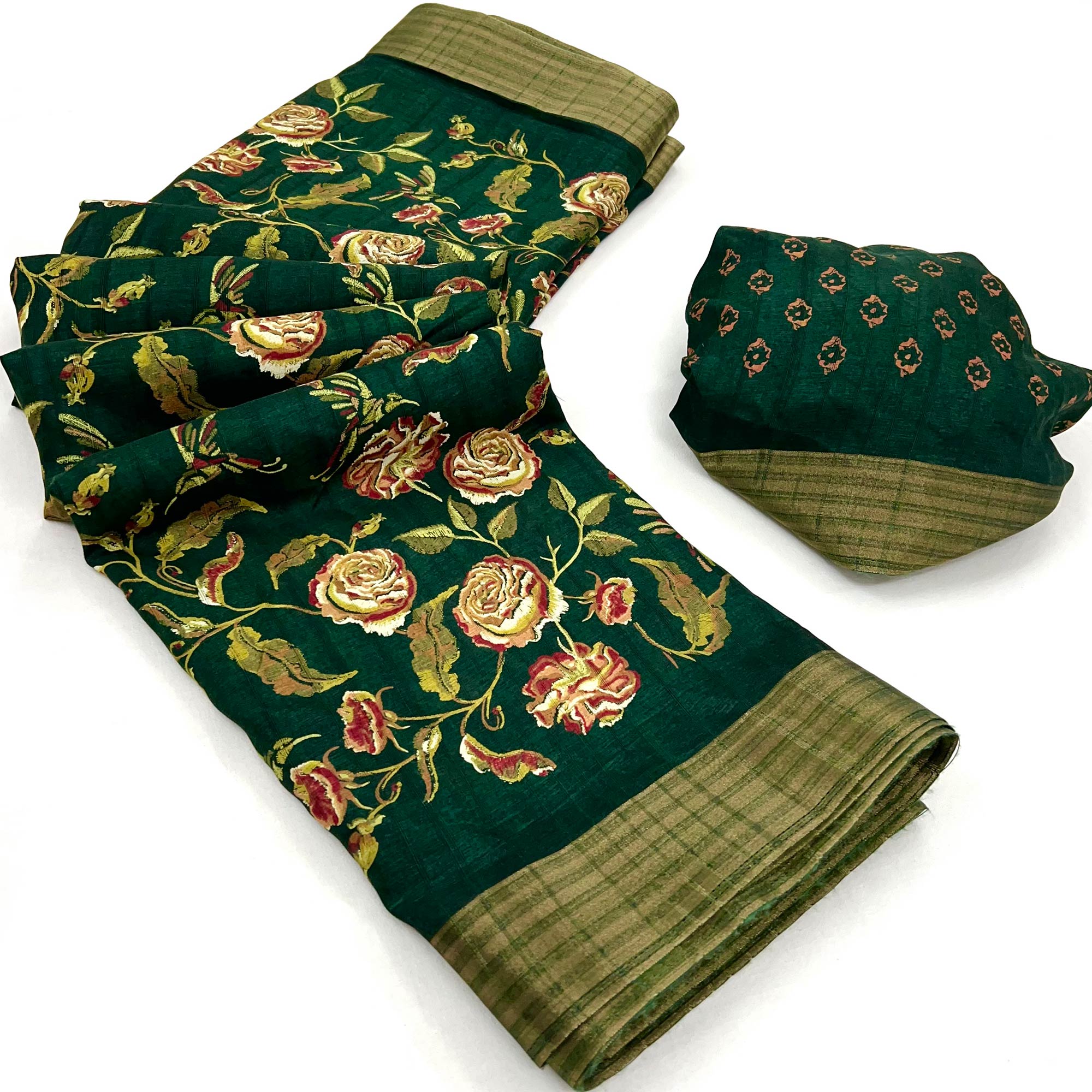 Green Floral Printed Cotton Blend Saree