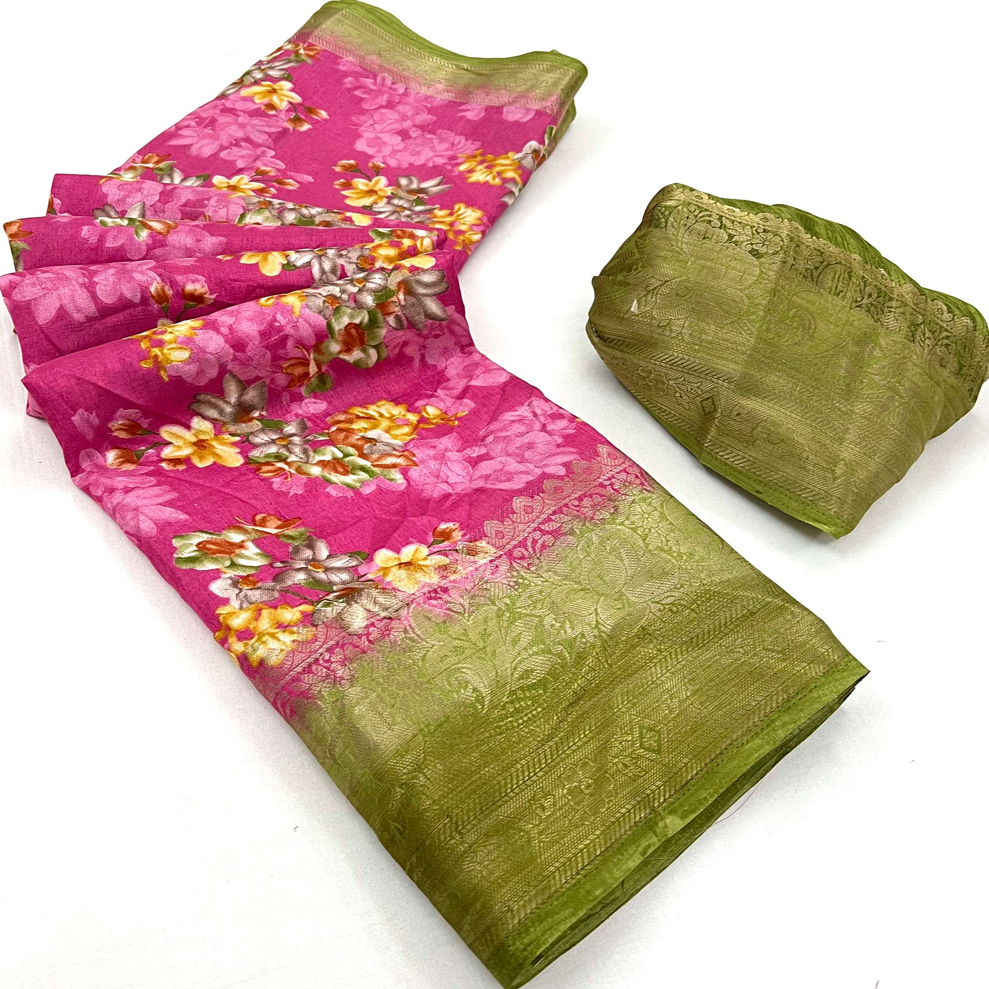 Pink Floral Printed With Woven Border Dola Silk Saree
