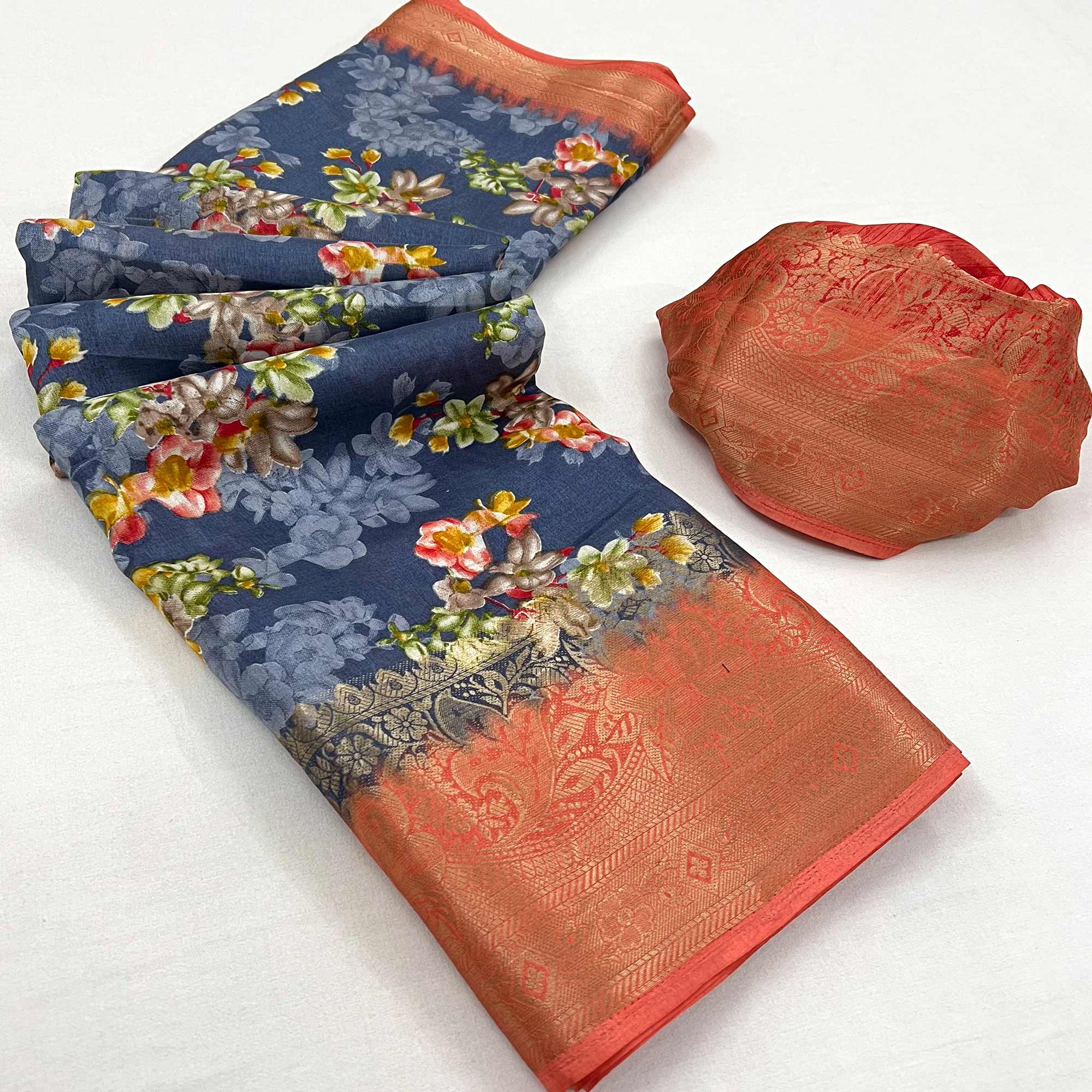 Grey Floral Printed With Woven Border Dola Silk Saree