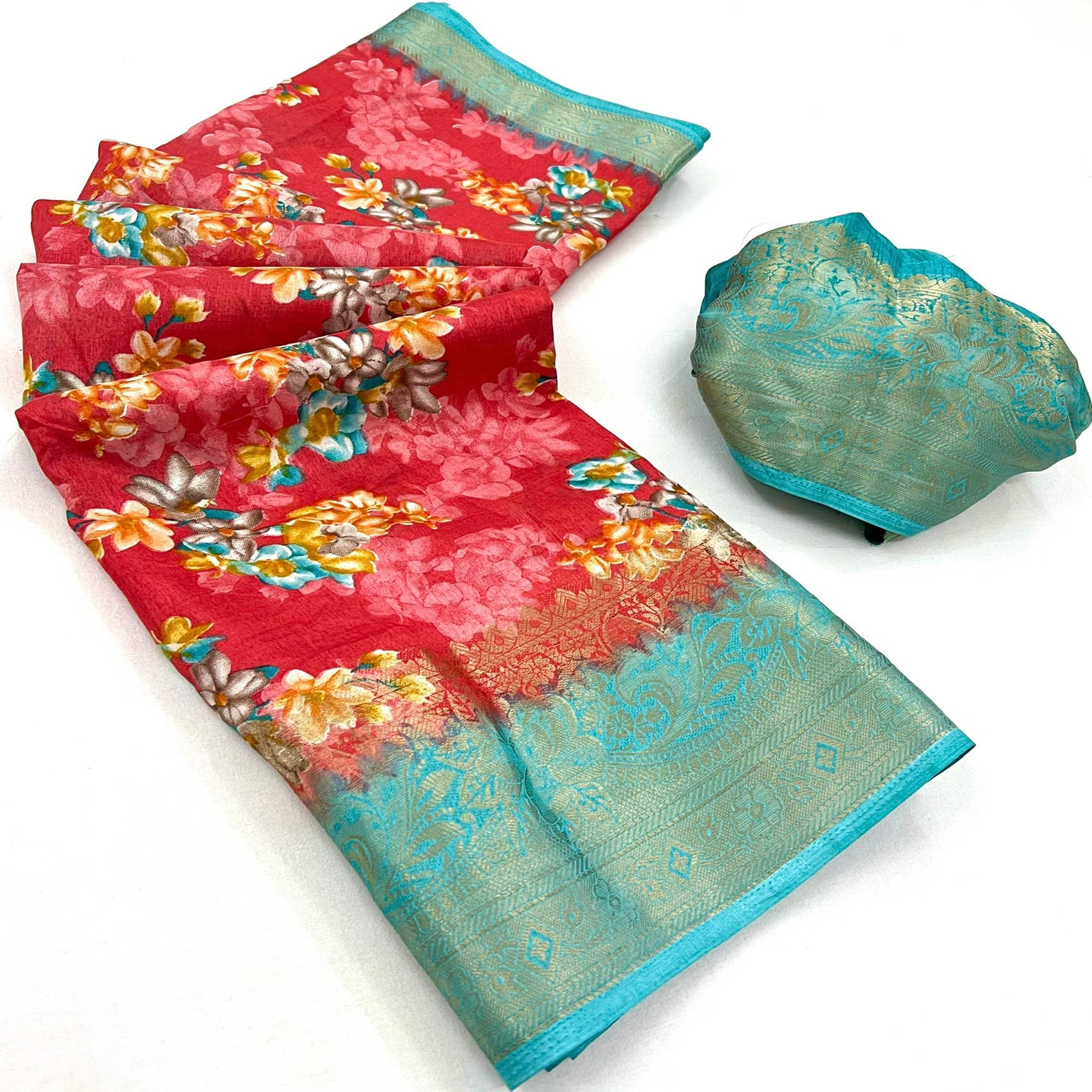 Red Floral Printed With Woven Border Dola Silk Saree