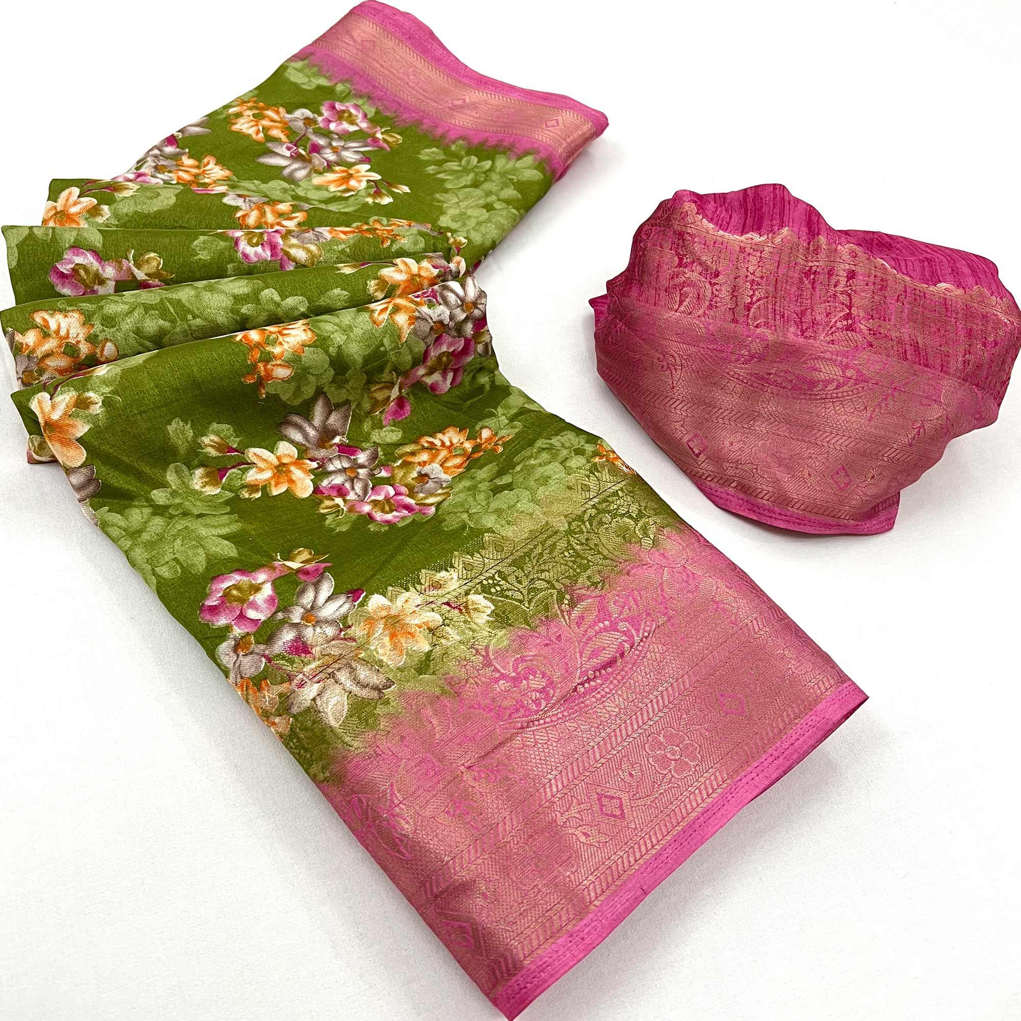 Green Floral Printed With Woven Border Dola Silk Saree