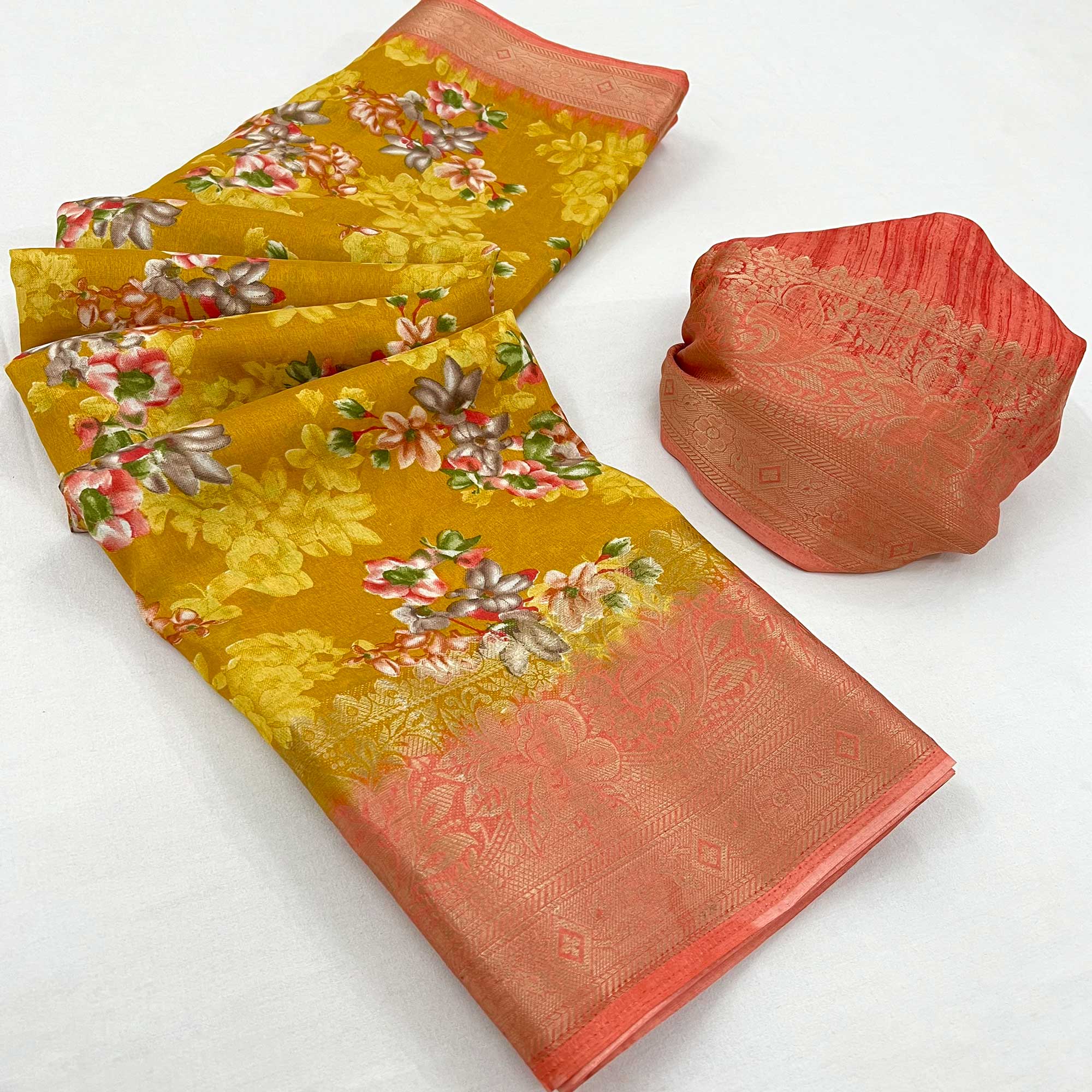 Mustard Floral Printed With Woven Border Dola Silk Saree