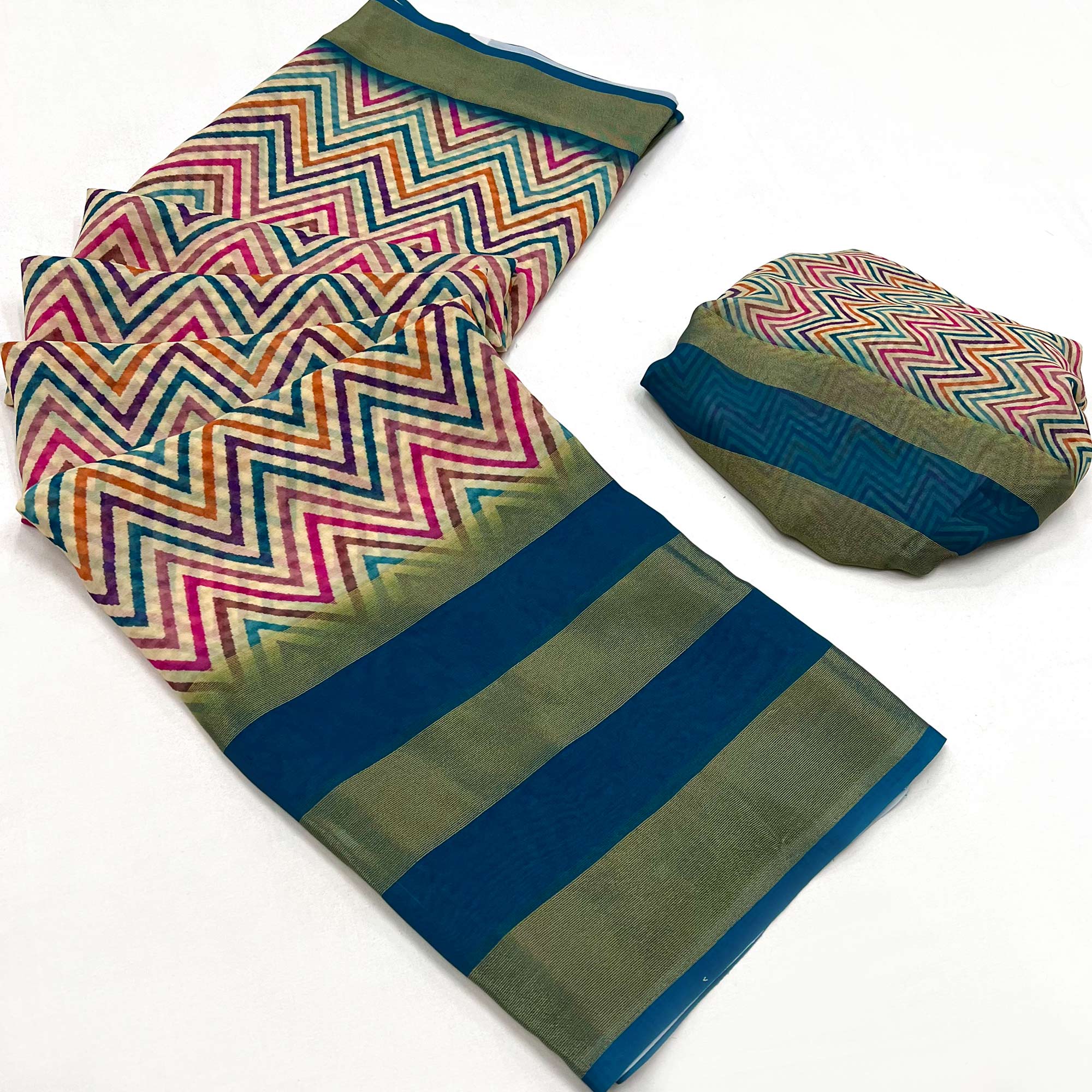 Teal Blue Geometric Digital Printed Georgette Saree