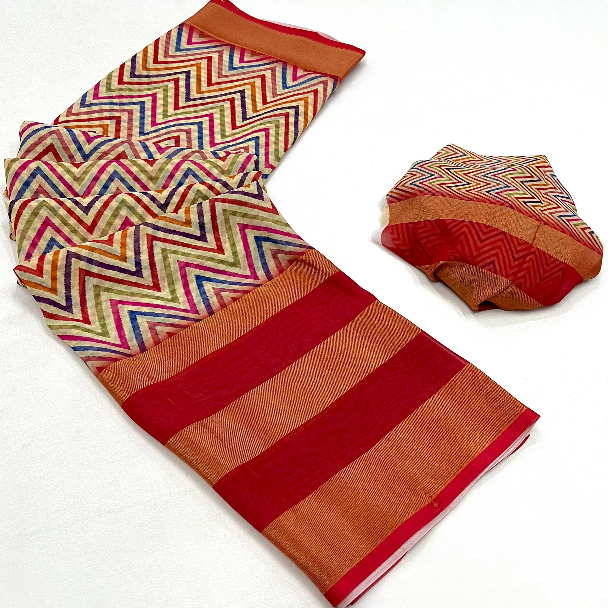 Red Geometric Digital Printed Georgette Saree
