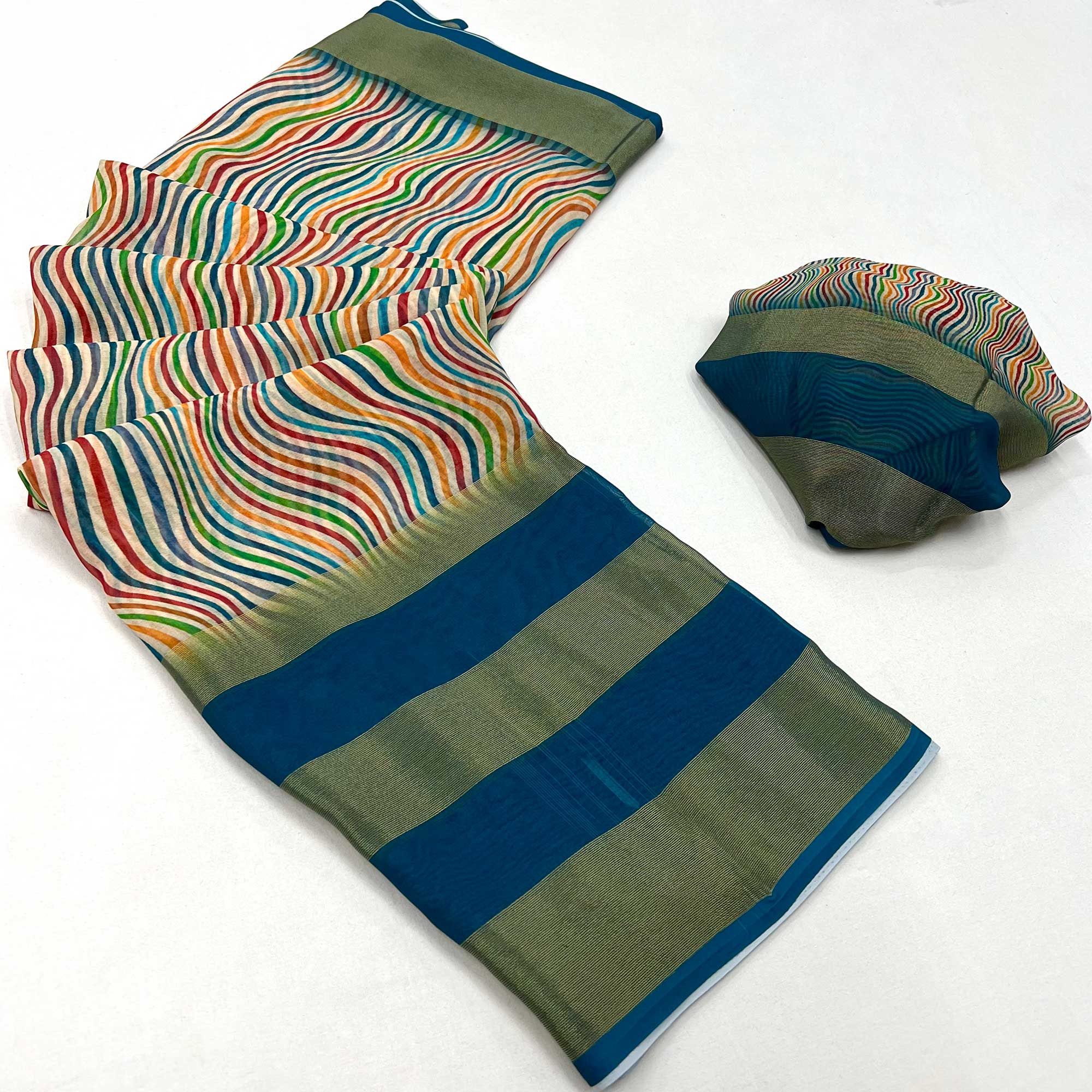 Teal Blue Striped Digital Printed Georgette Saree