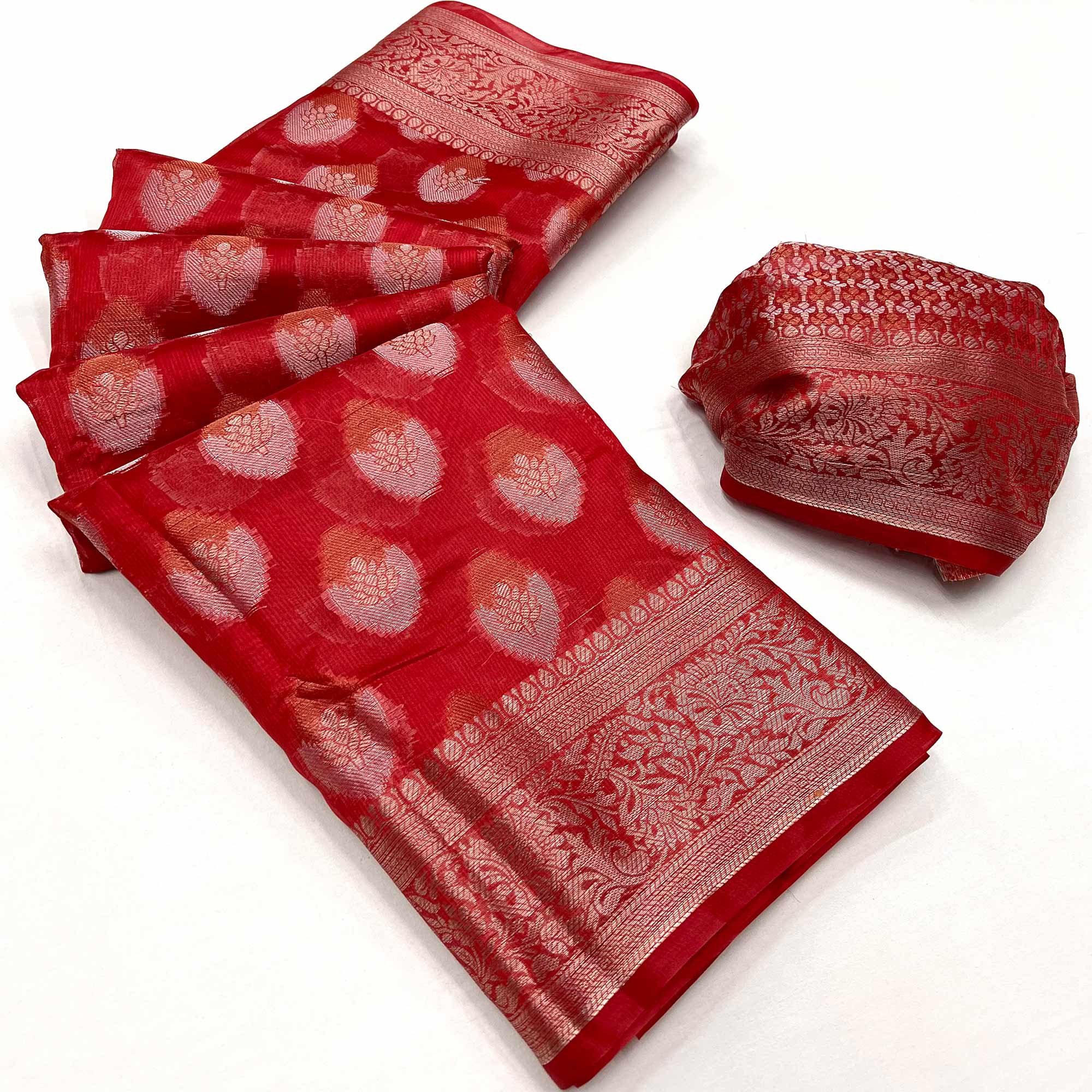 Red Floral Woven Organza Saree