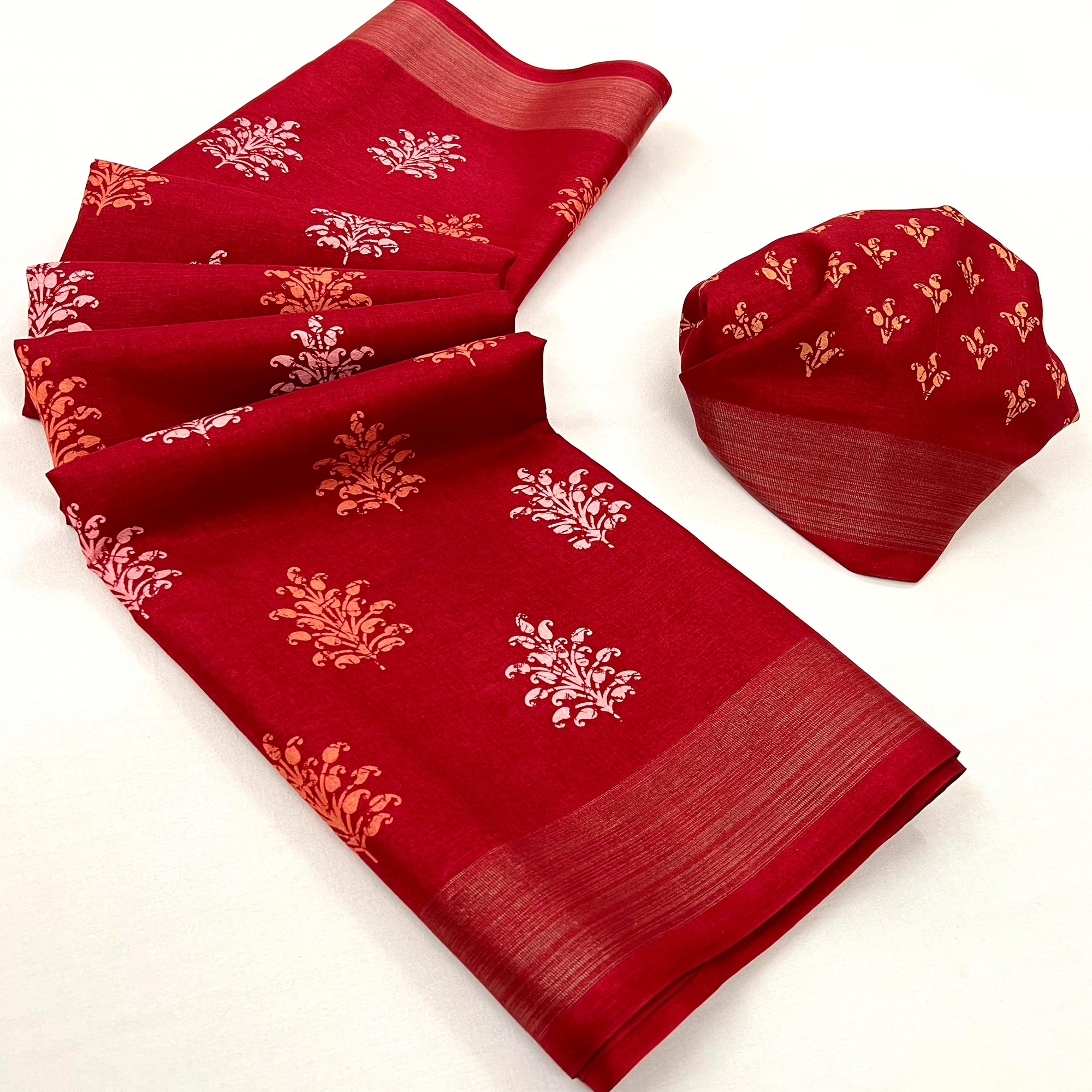 Red Printed Dola Silk Saree With Woven Border