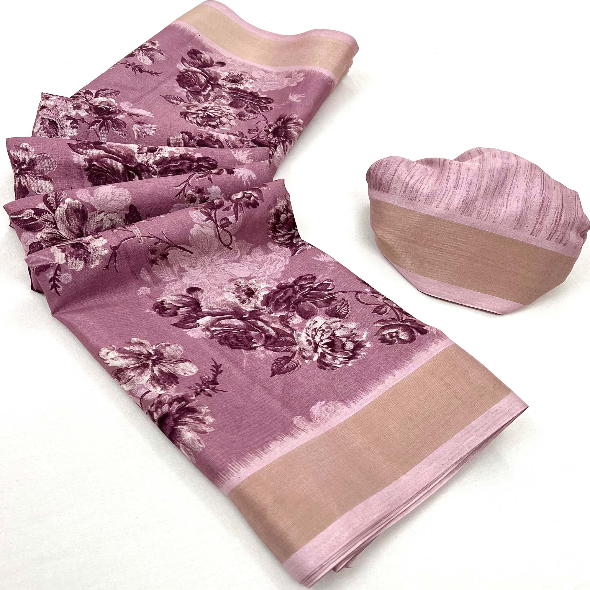 Mauve Floral Printed Dola Silk Saree With Woven Border