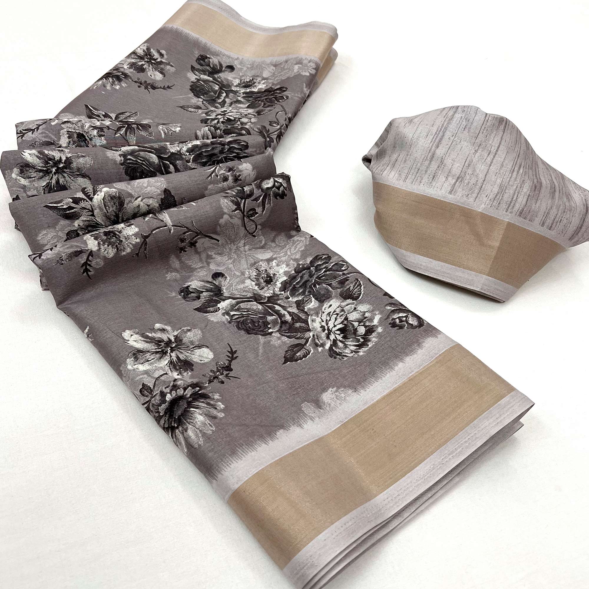 Grey Floral Printed Dola Silk Saree With Woven Border