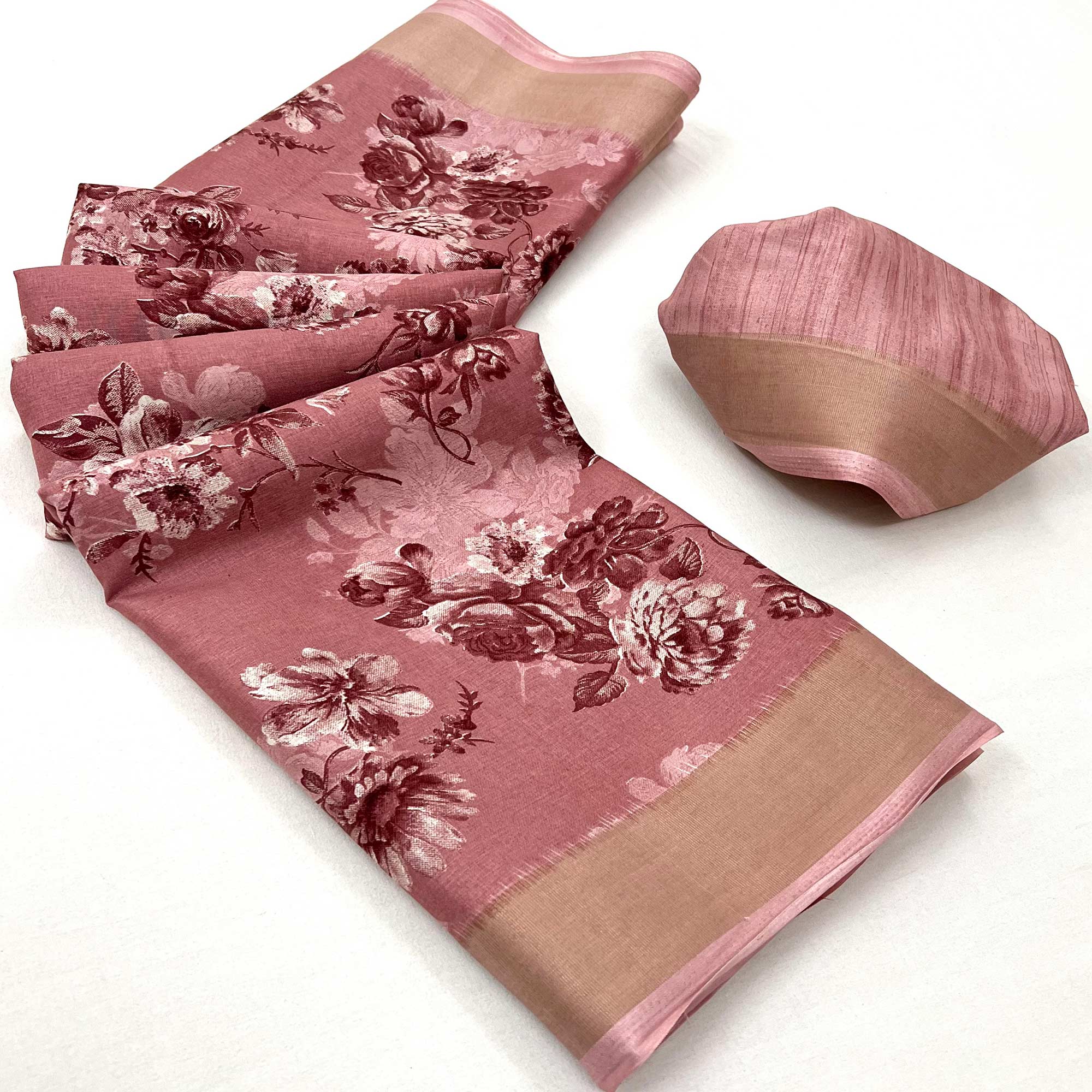 Dusty Peach Floral Printed Dola Silk Saree With Woven Border