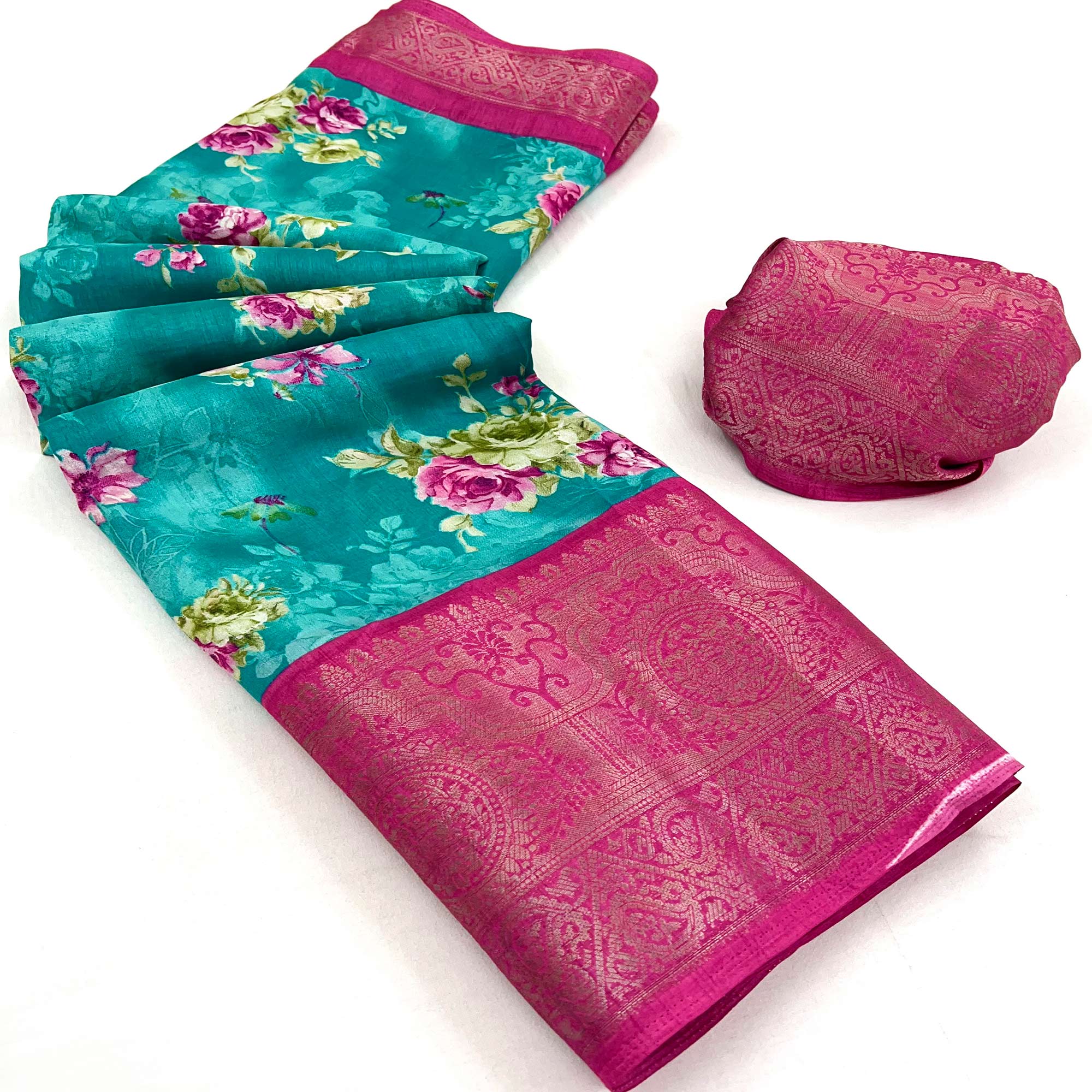 Blue Floral Printed Dola Silk Saree With Woven Border