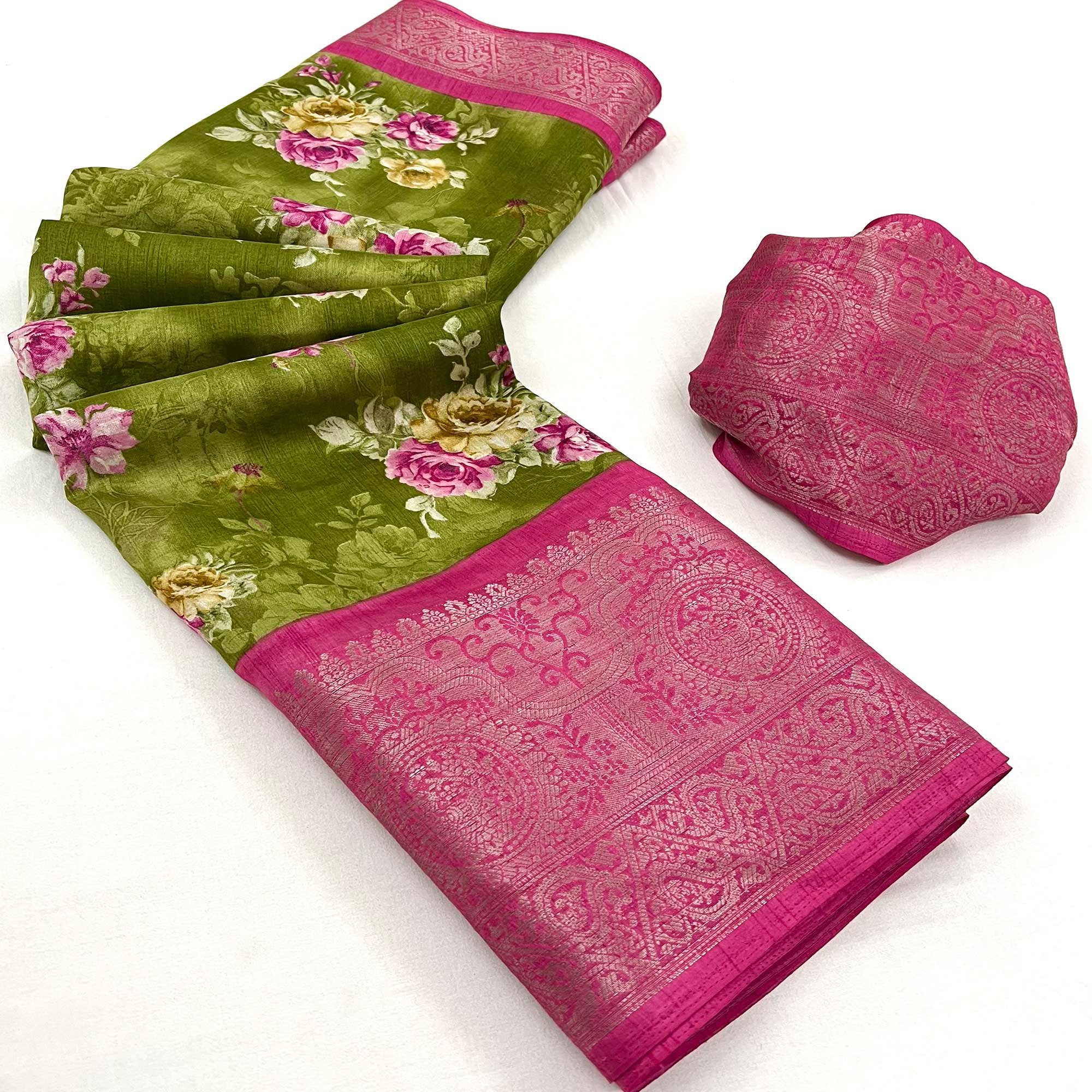 Olive Floral Printed Dola Silk Saree With Woven Border