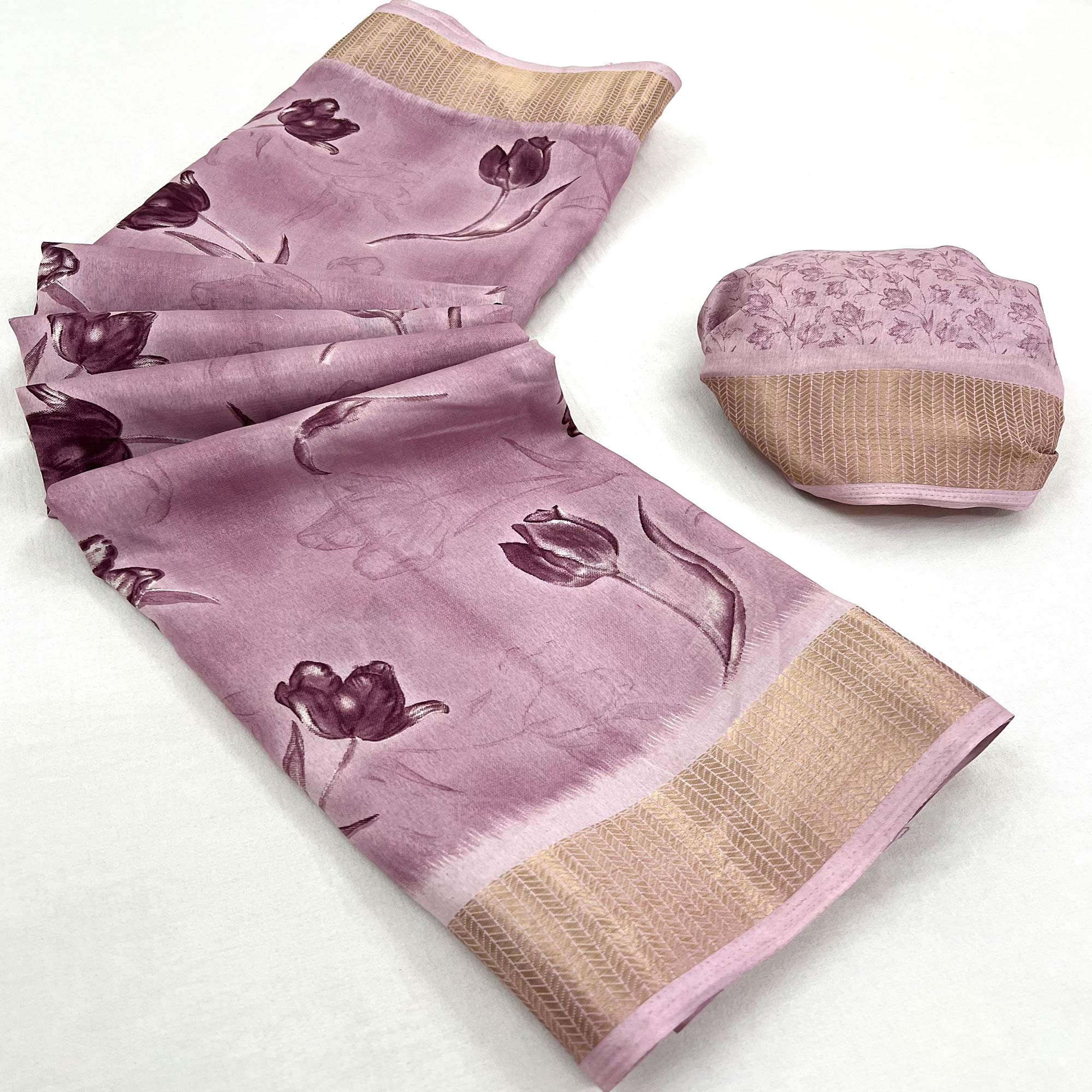 Light Mauve Floral Printed Dola Silk Saree With Woven Border