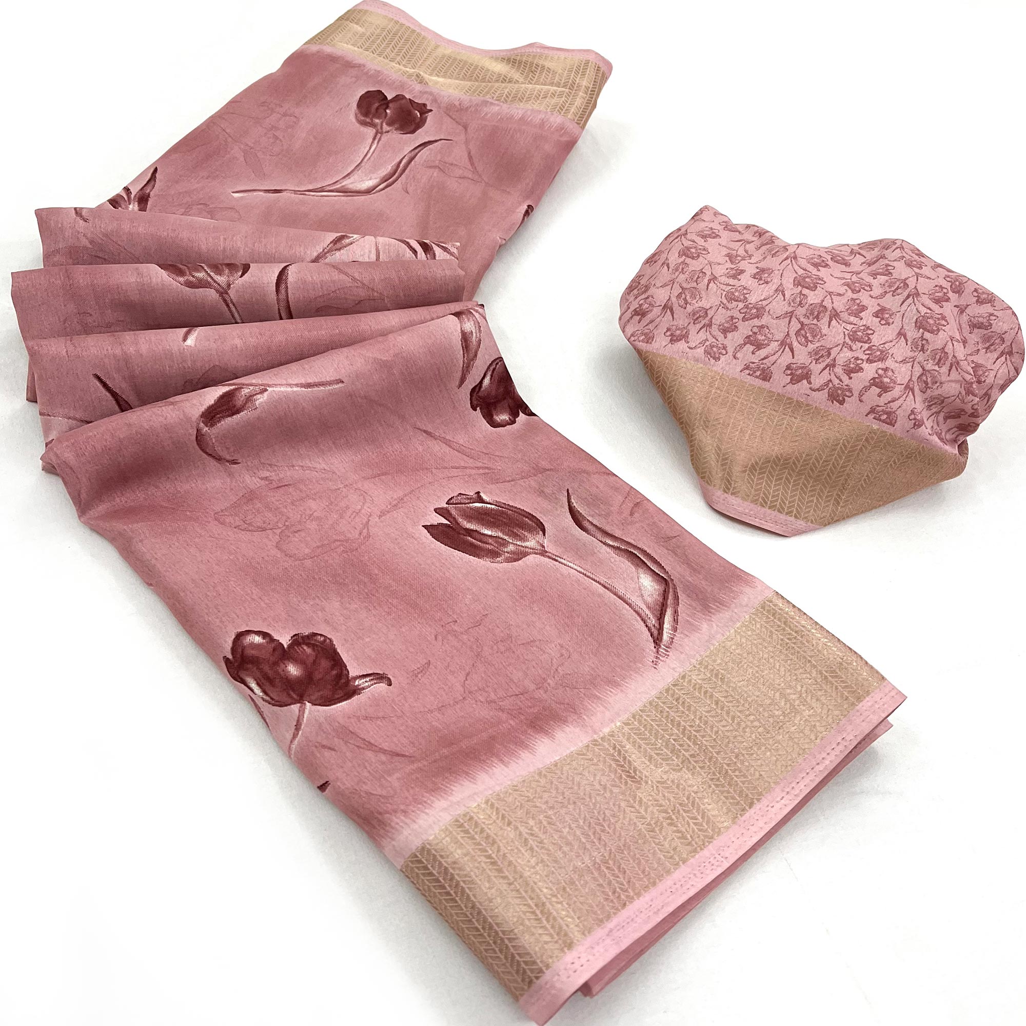 Peach Floral Printed Dola Silk Saree With Woven Border