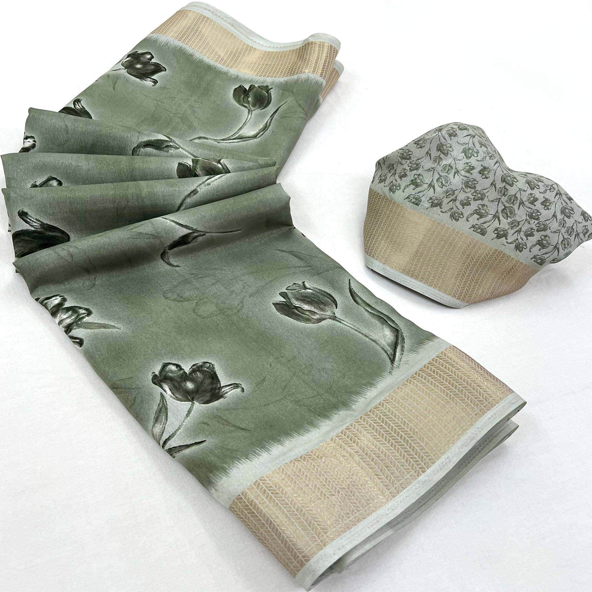 Dusty Green Floral Printed Dola Silk Saree With Woven Border