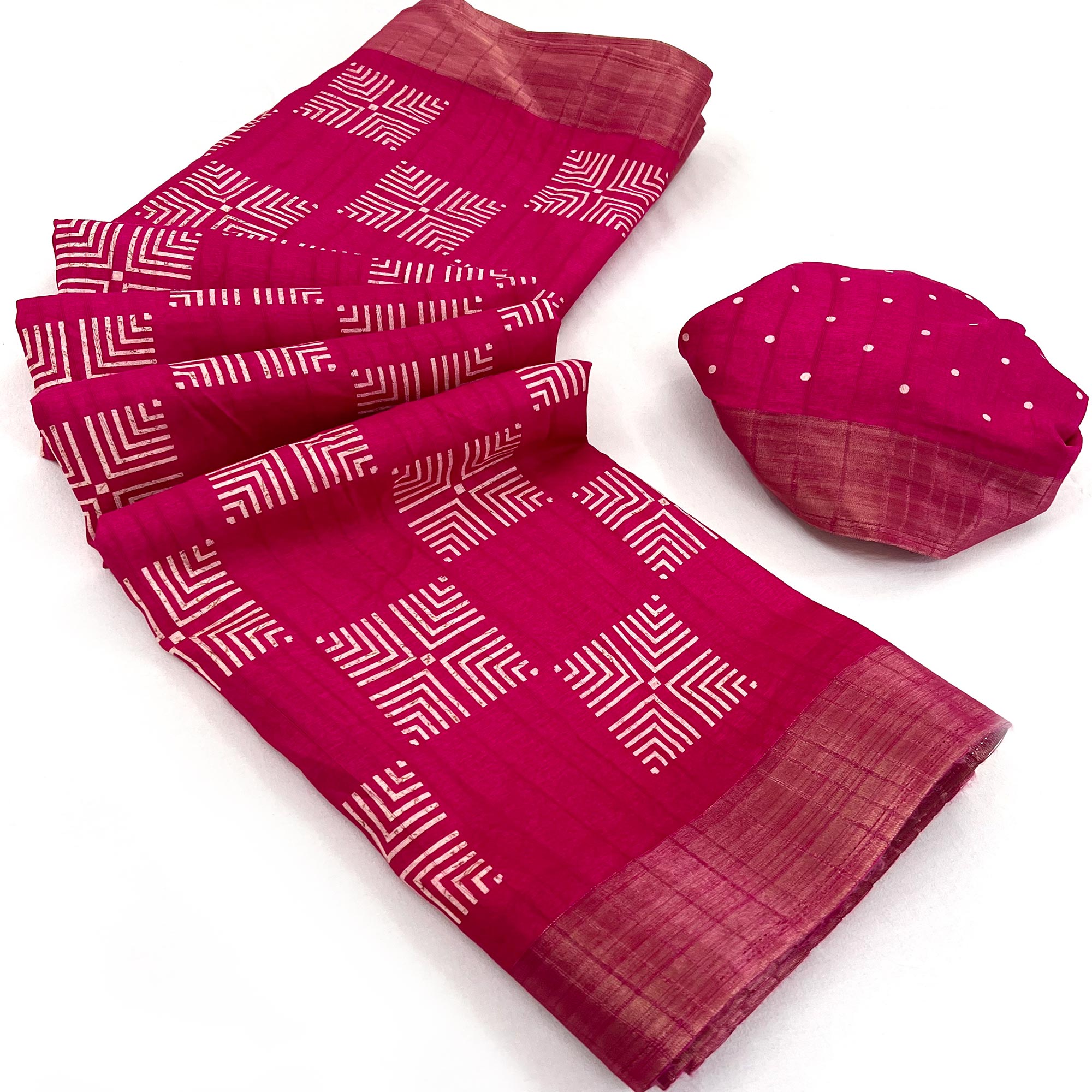 Rani Pink Printed Cotton Blend Saree With Woven Border