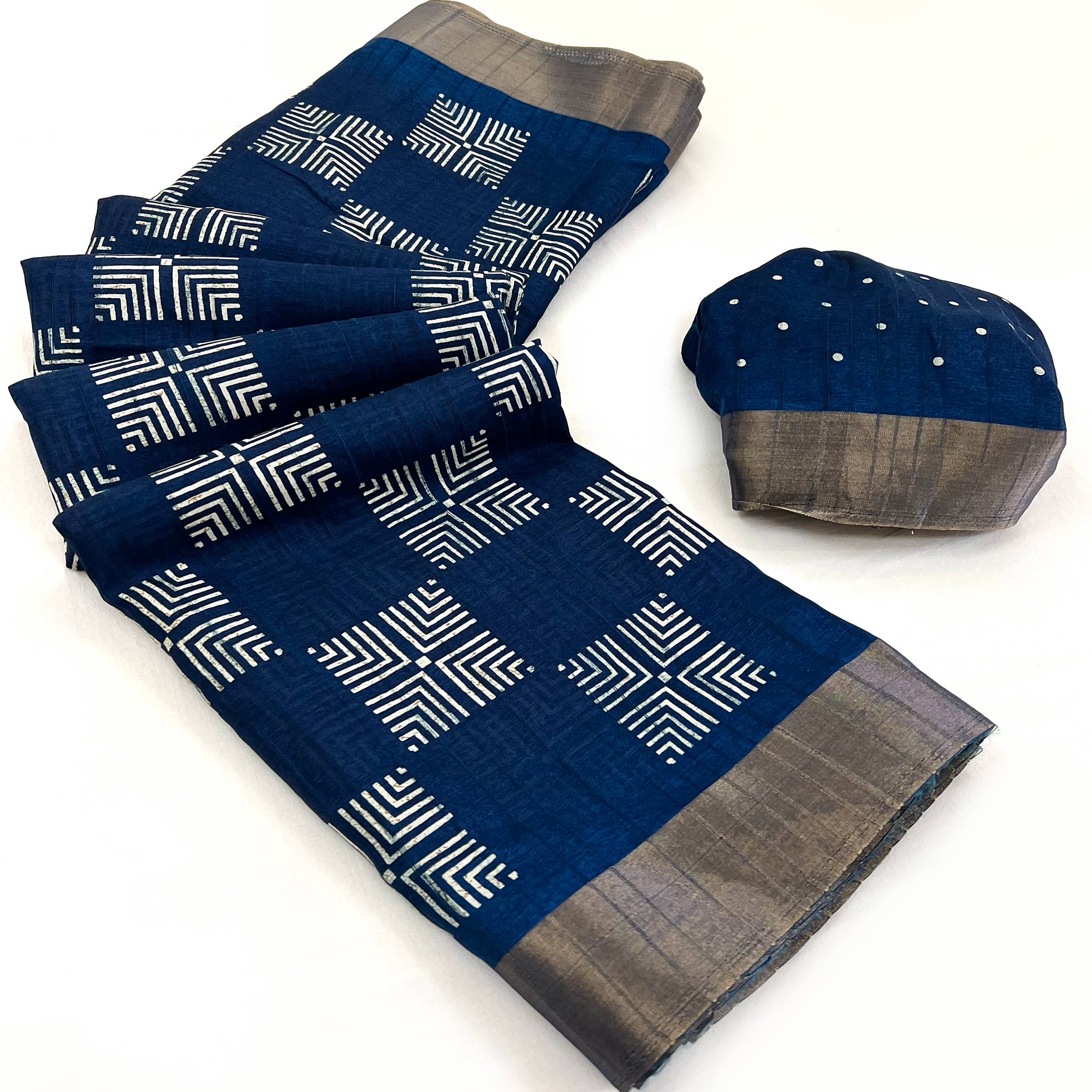 Blue Printed Cotton Blend Saree With Woven Border