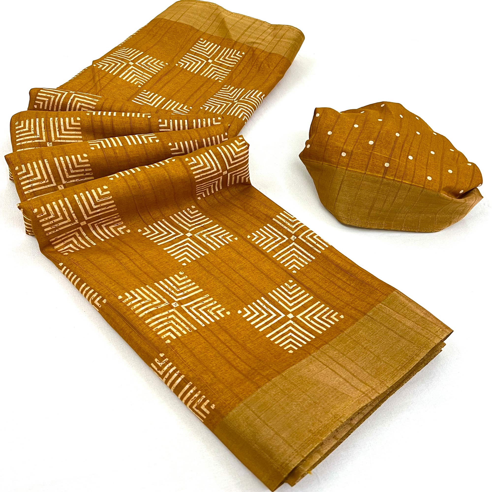 Mustard Printed Cotton Blend Saree With Woven Border