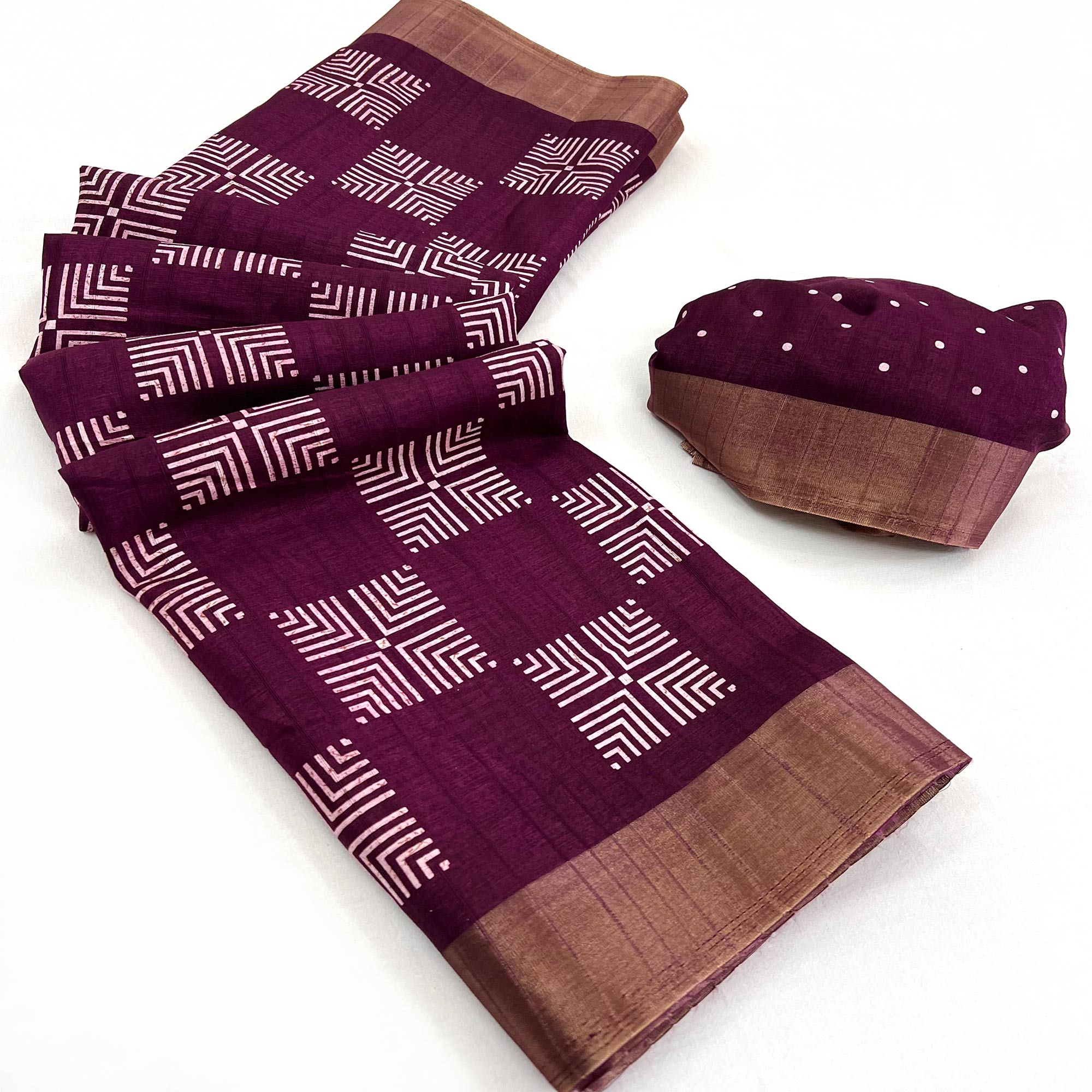 Wine Printed Cotton Blend Saree With Woven Border