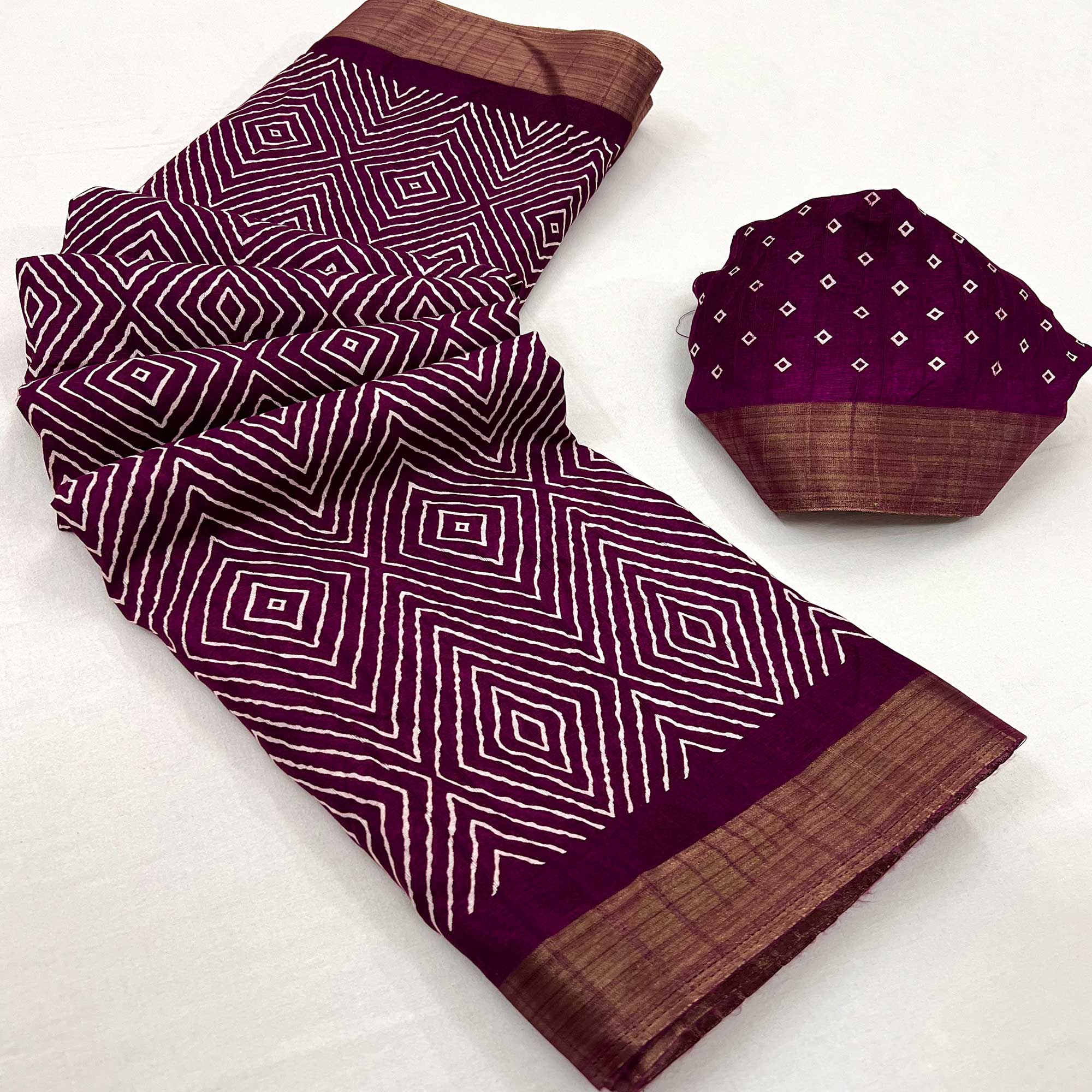 Wine Printed Cotton Blend Saree With Woven Border