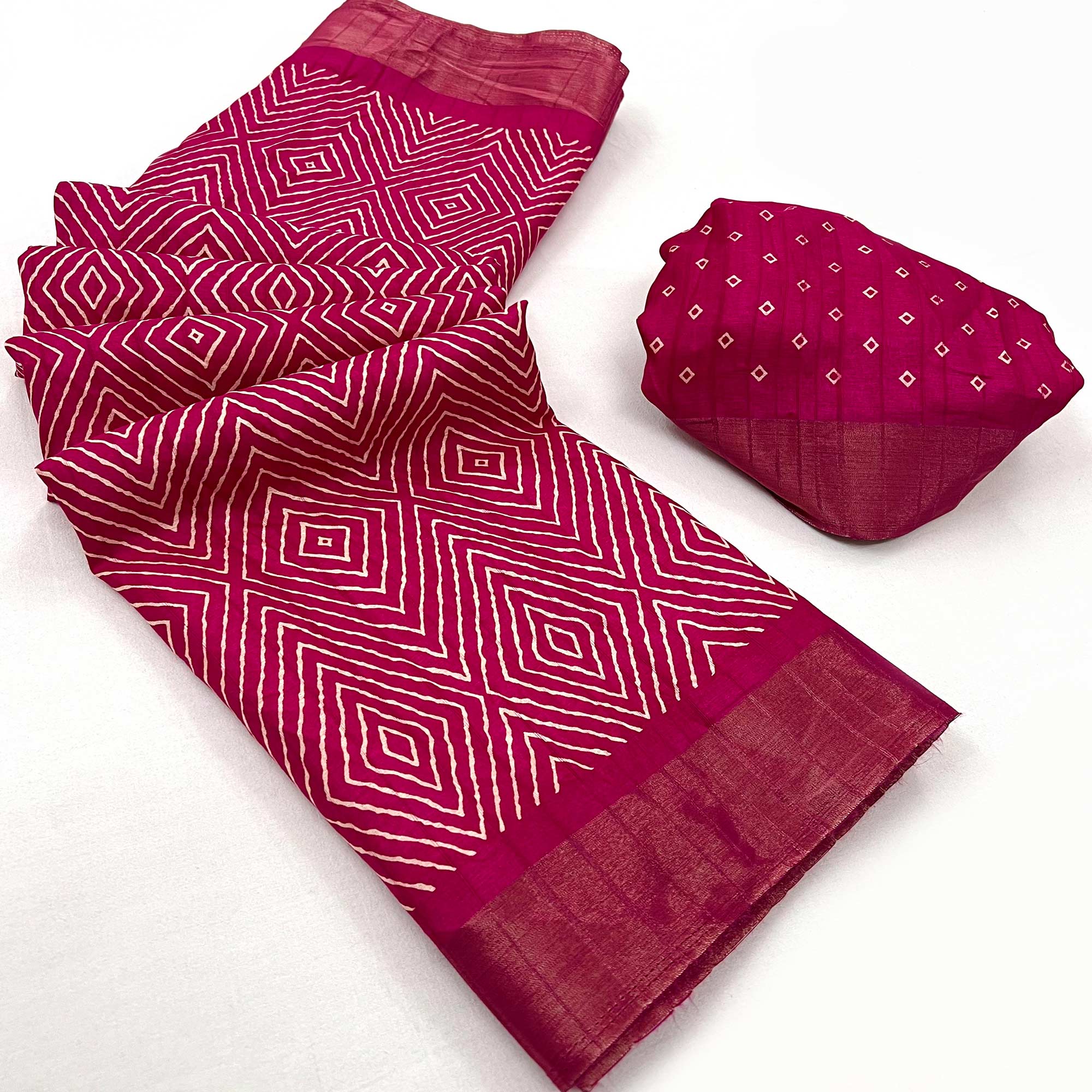 Rani Pink Printed Cotton Blend Saree With Woven Border