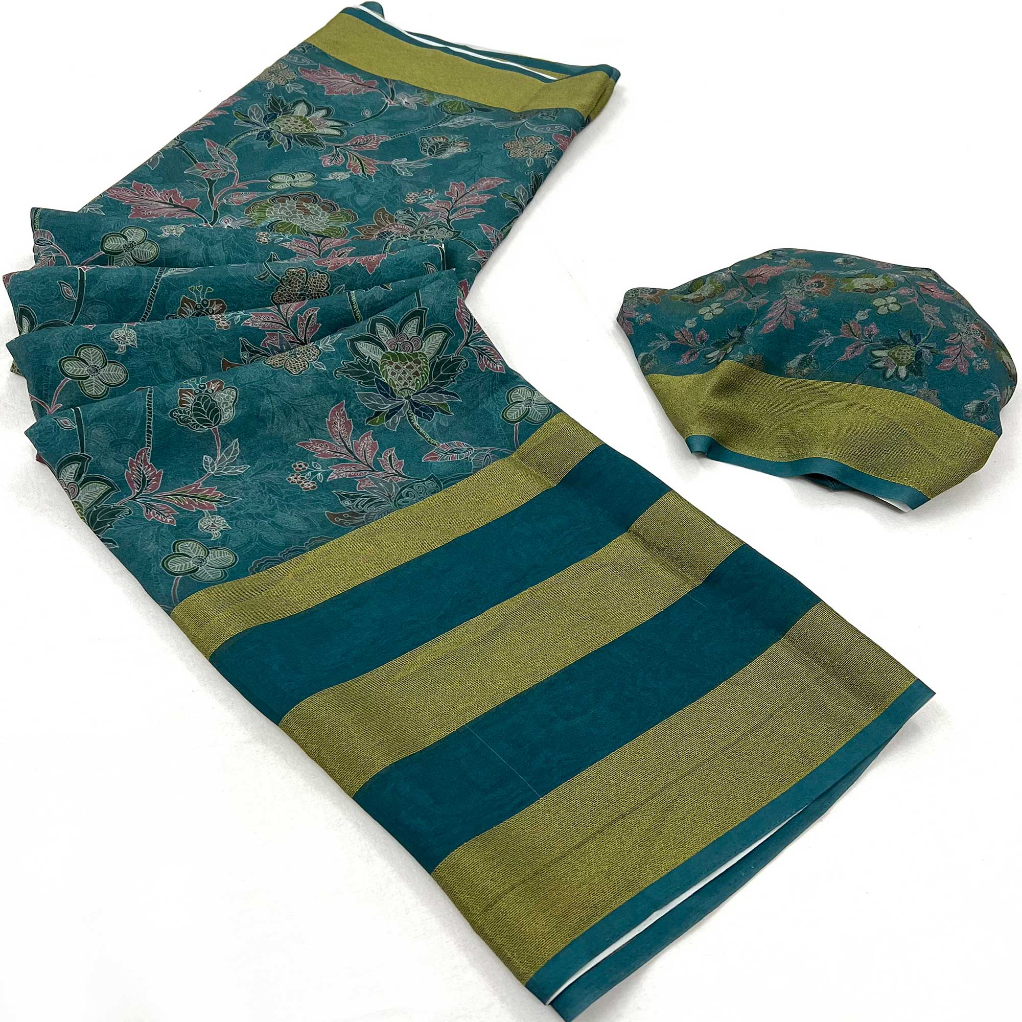 Blue Floral Digital Printed Georgette Saree