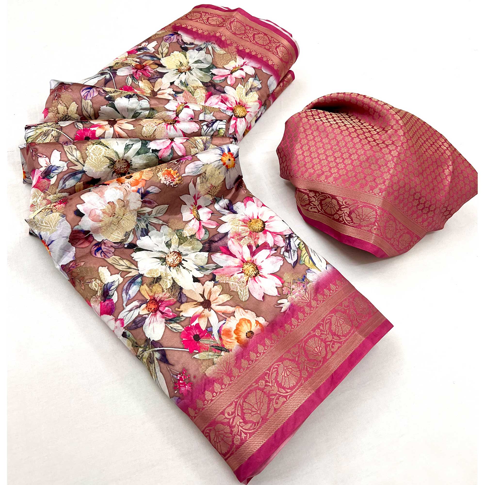Brown Floral Digital Printed With Woven Border Cotton Silk Saree