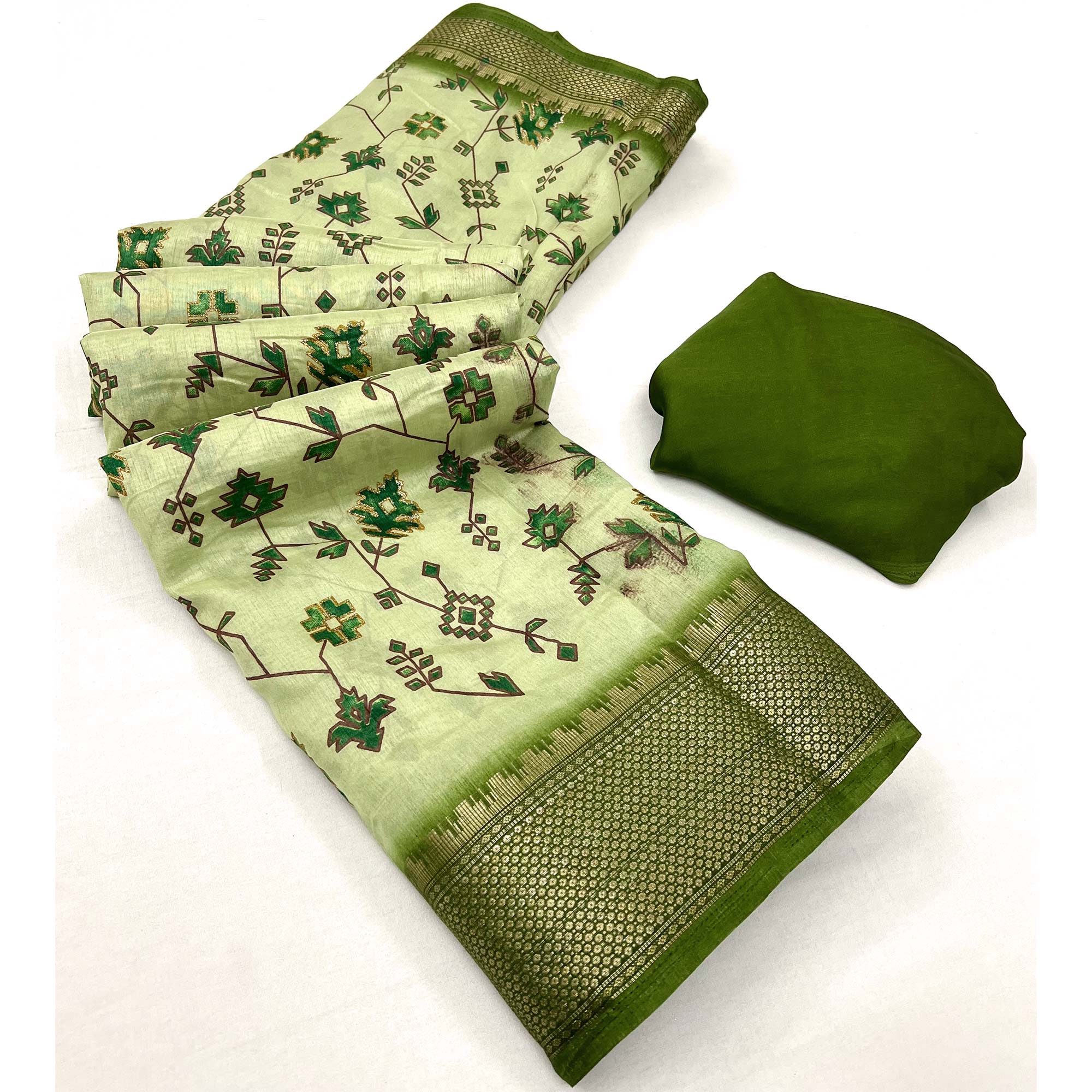 Green Floral Printed With Woven Border Dola Silk Saree