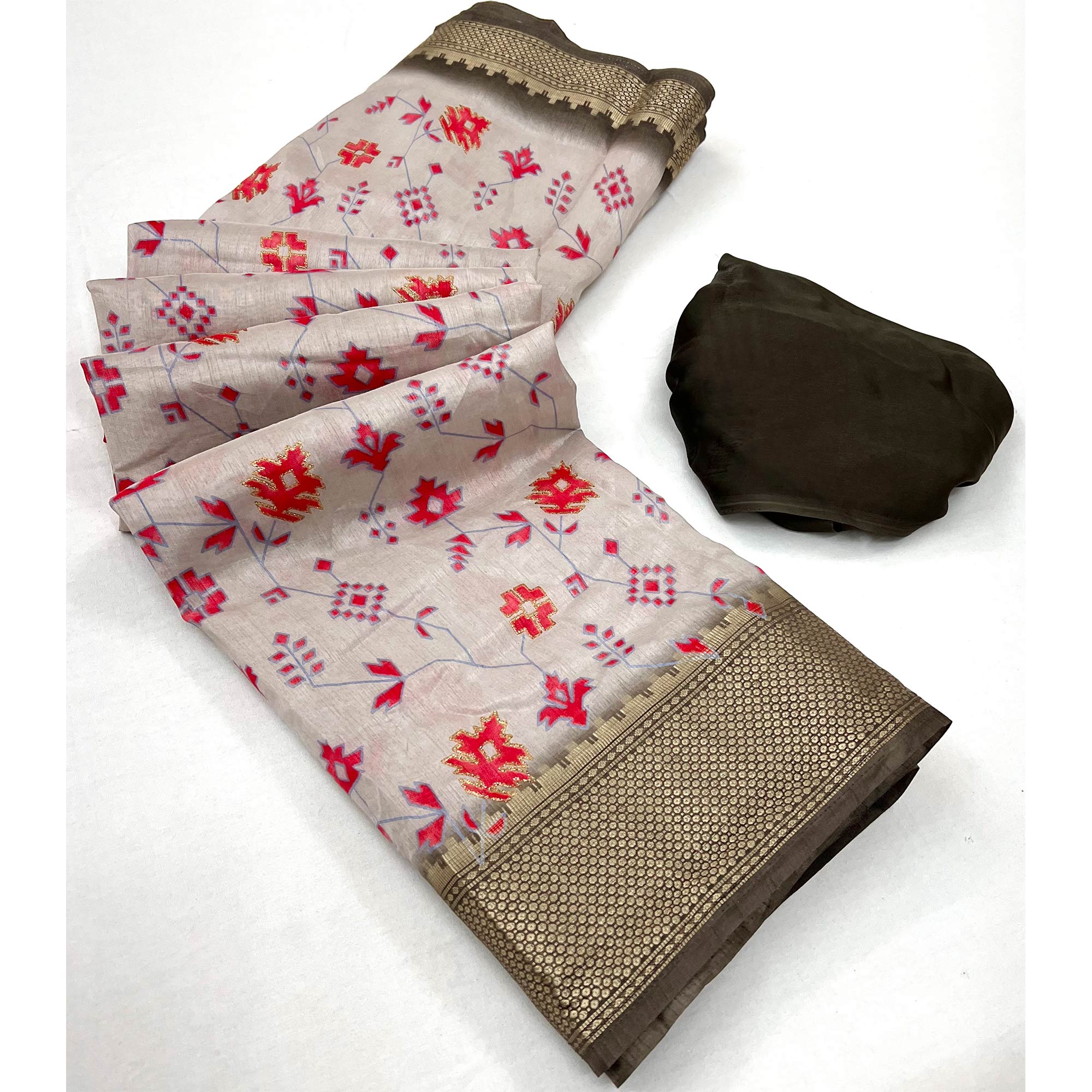 Beige Floral Printed With Woven Border Dola Silk Saree