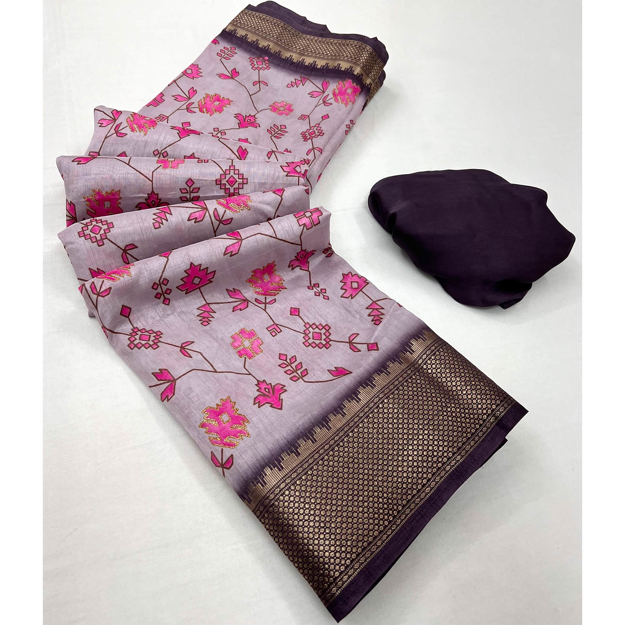 Light Purple Floral Printed With Woven Border Dola Silk Saree