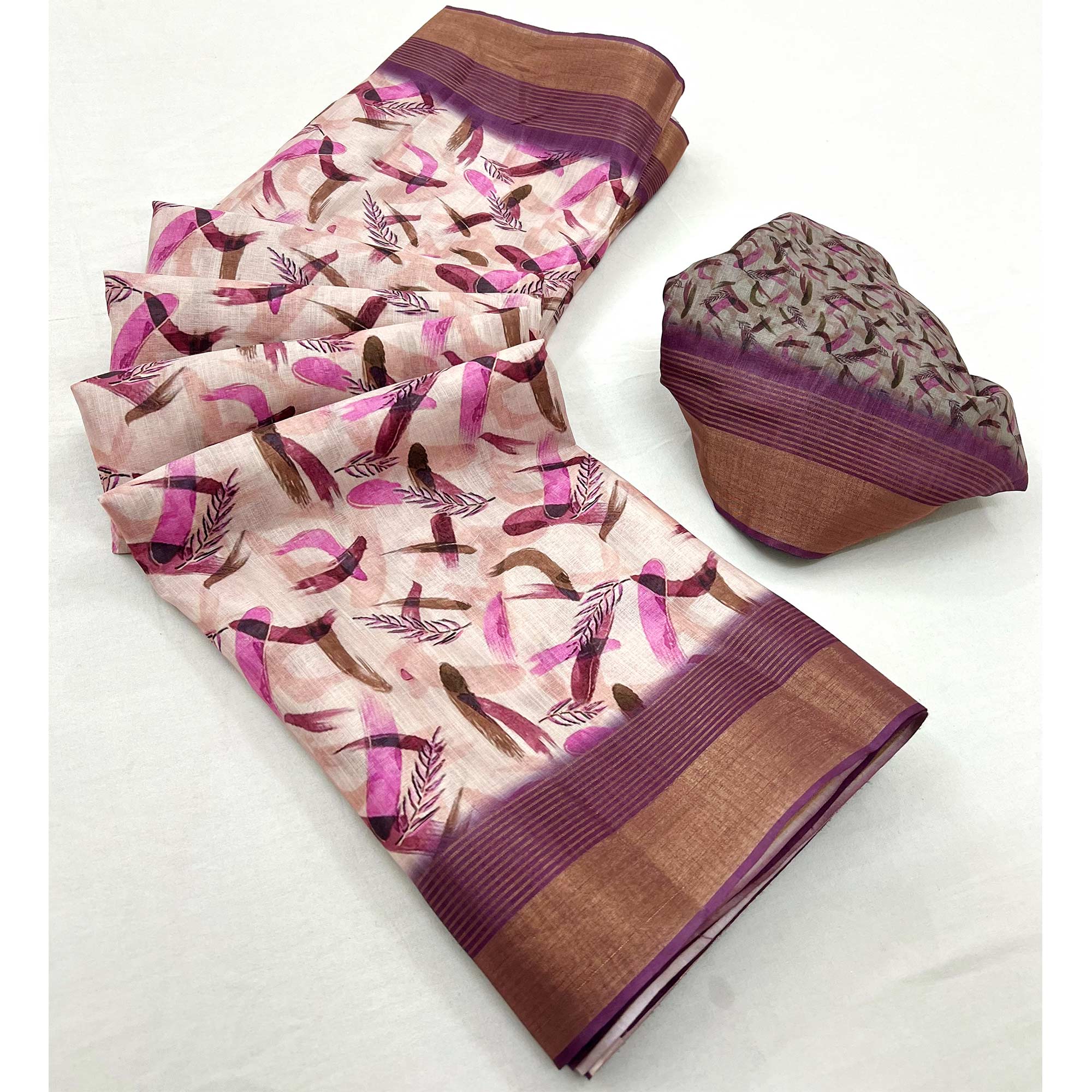 Beige Digital Printed With Woven Border Cotton Silk Saree